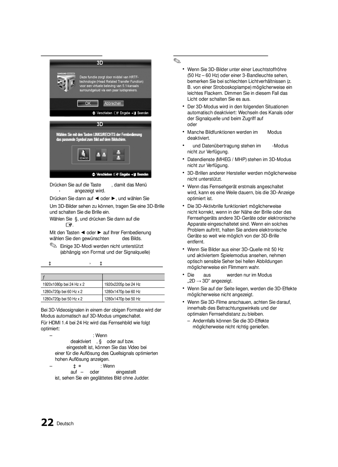 Samsung UE55C8000XWXXC, UE55C8700XSXXN manual So zeigen Sie ein 3D-Bild an, Abhängig von Format und der Signalquelle 