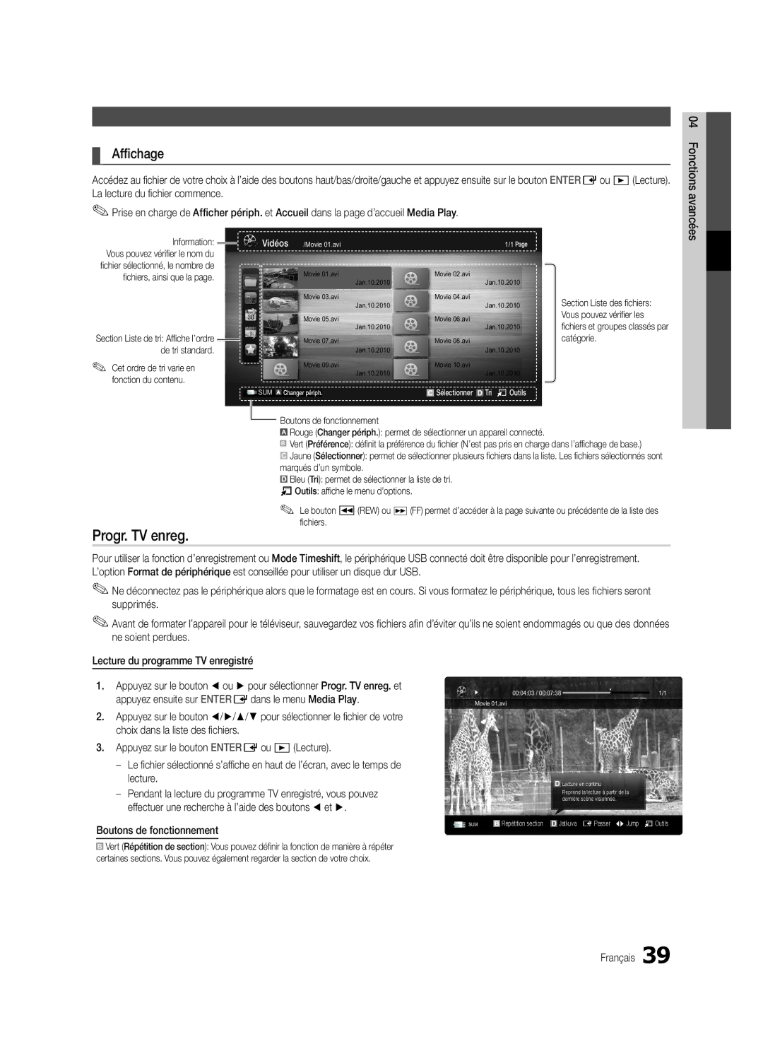 Samsung UE40C8700XSXXN, UE55C8700XSXXN, UE46C8780XSXZG, UE46C8700XSXXN Progr. TV enreg, Affichage, Boutons de fonctionnement 