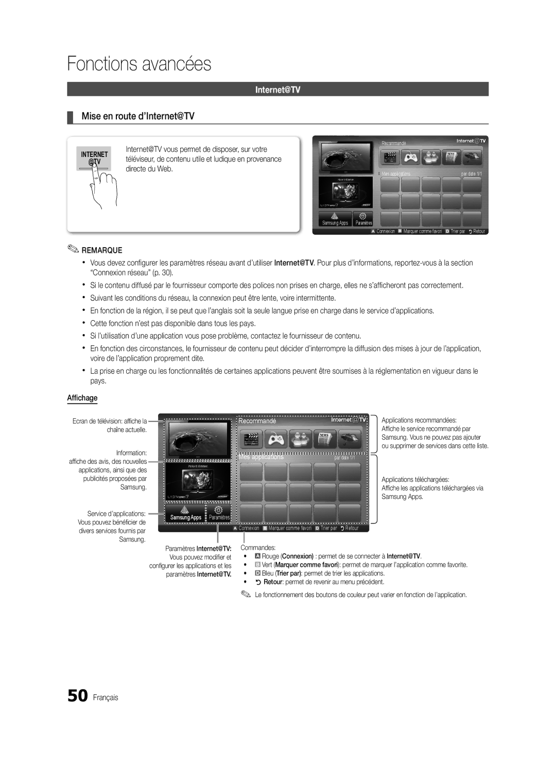 Samsung UE46C8700XSXXN Mise en route d’Internet@TV, Directe du Web, Applications recommandées, Applications téléchargées 