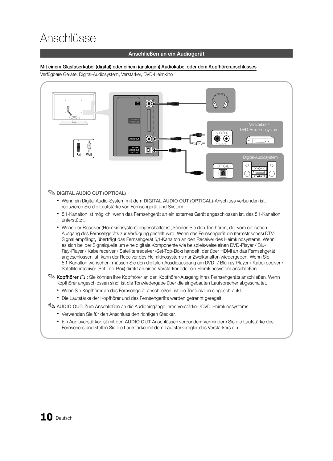 Samsung UE55C8700XSXZF, UE55C8700XSXXN, UE46C8780XSXZG, UE46C8700XSXXN, UE40C8700XSXZG manual Anschließen an ein Audiogerät 