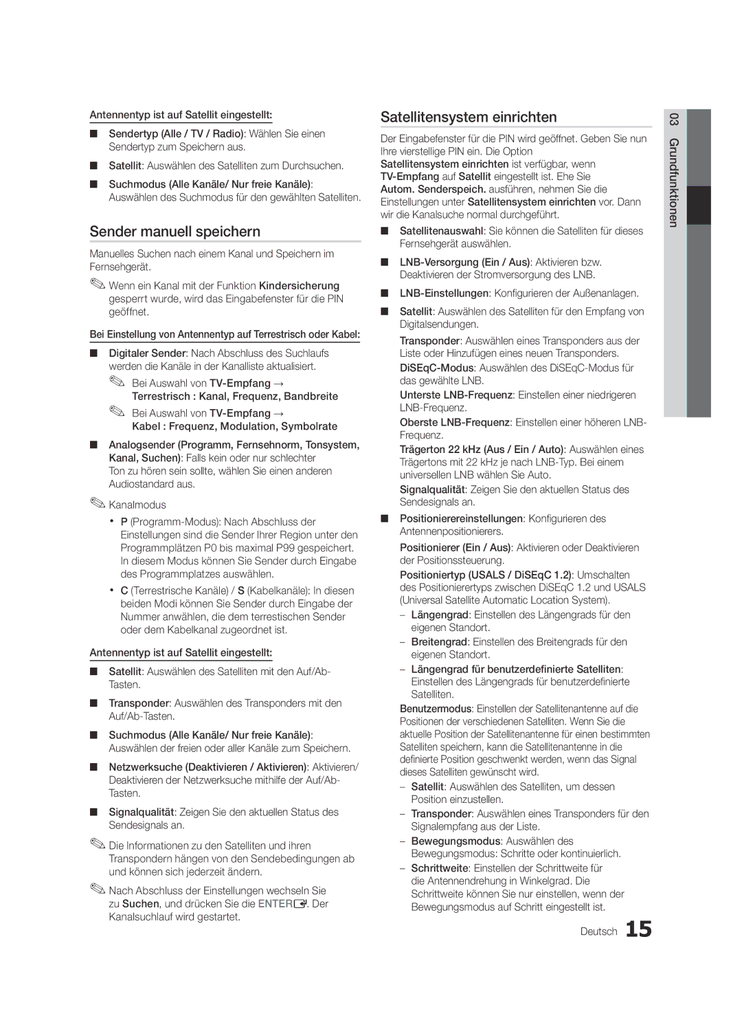 Samsung UE55C8700XSXZG, UE55C8700XSXXN manual Sender manuell speichern, Satellitensystem einrichten, Deutsch Grundfunktionen 