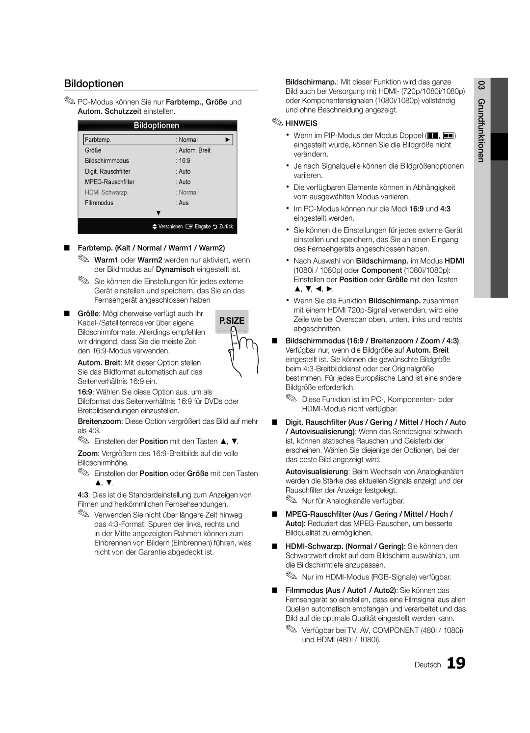 Samsung UE40C8700XSXZG manual Bildoptionen, Farbtemp. Kalt / Normal / Warm1 / Warm2, Größe Möglicherweise verfügt auch Ihr 