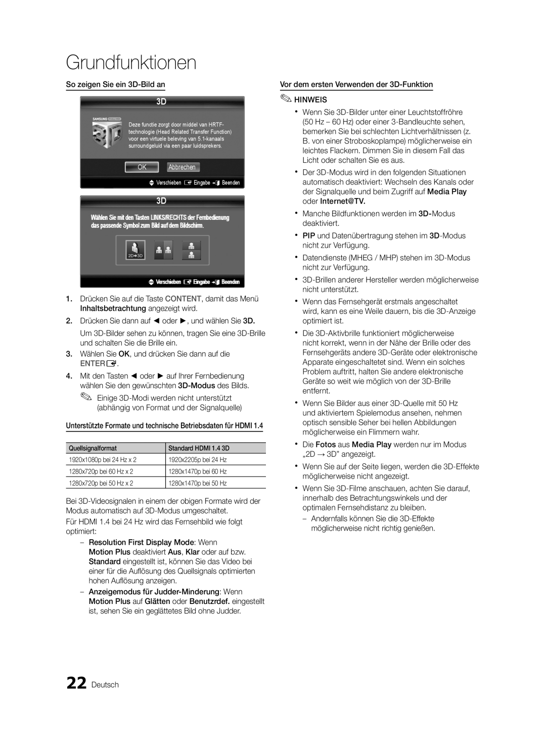 Samsung UE46C8790XSXZG, UE55C8700XSXXN manual So zeigen Sie ein 3D-Bild an, Abhängig von Format und der Signalquelle 