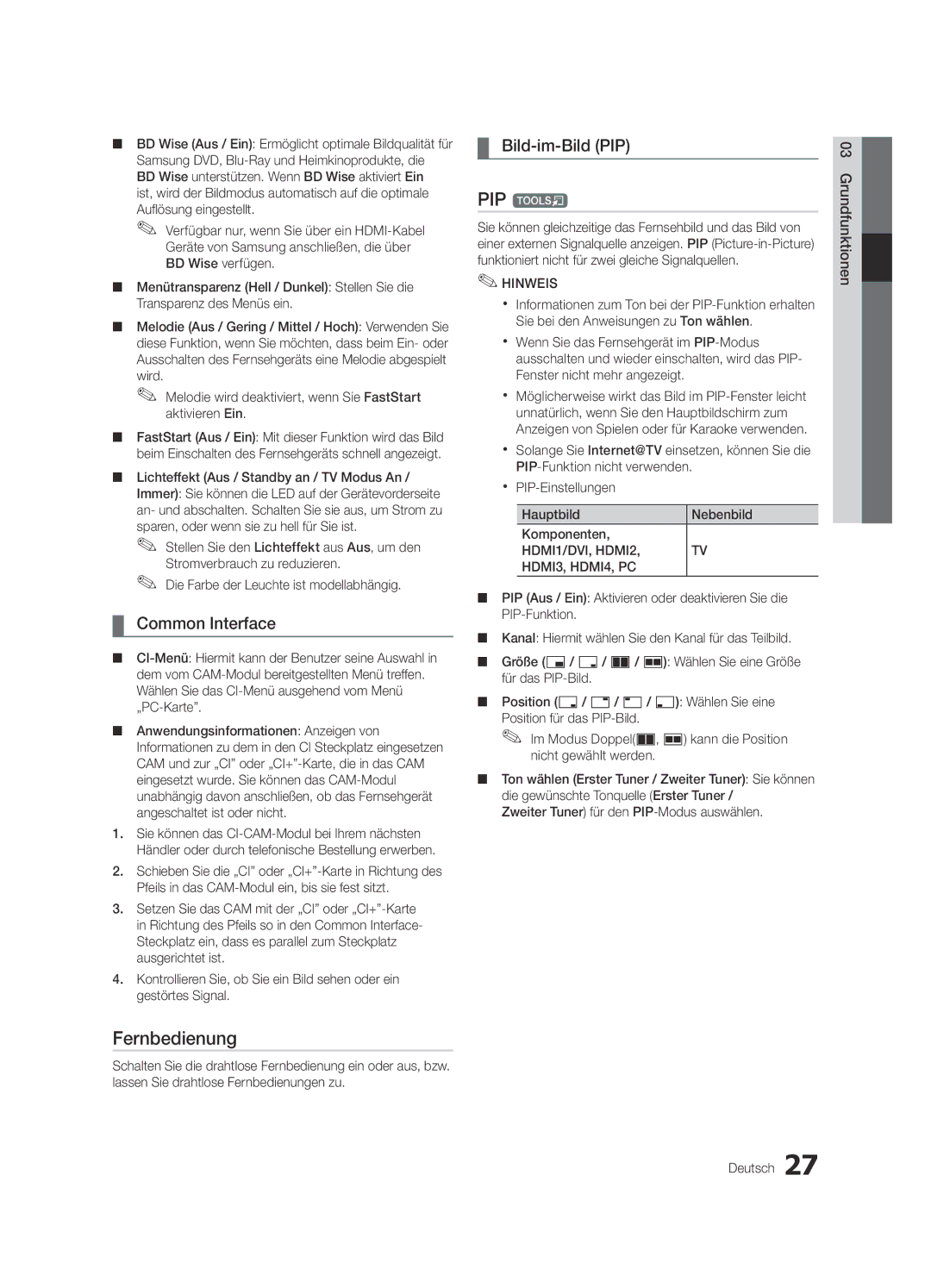 Samsung UE46C8700XSXZF, UE55C8700XSXXN, UE46C8780XSXZG, UE46C8700XSXXN, UE40C8700XSXZG manual Fernbedienung, Bild-im-Bild PIP 