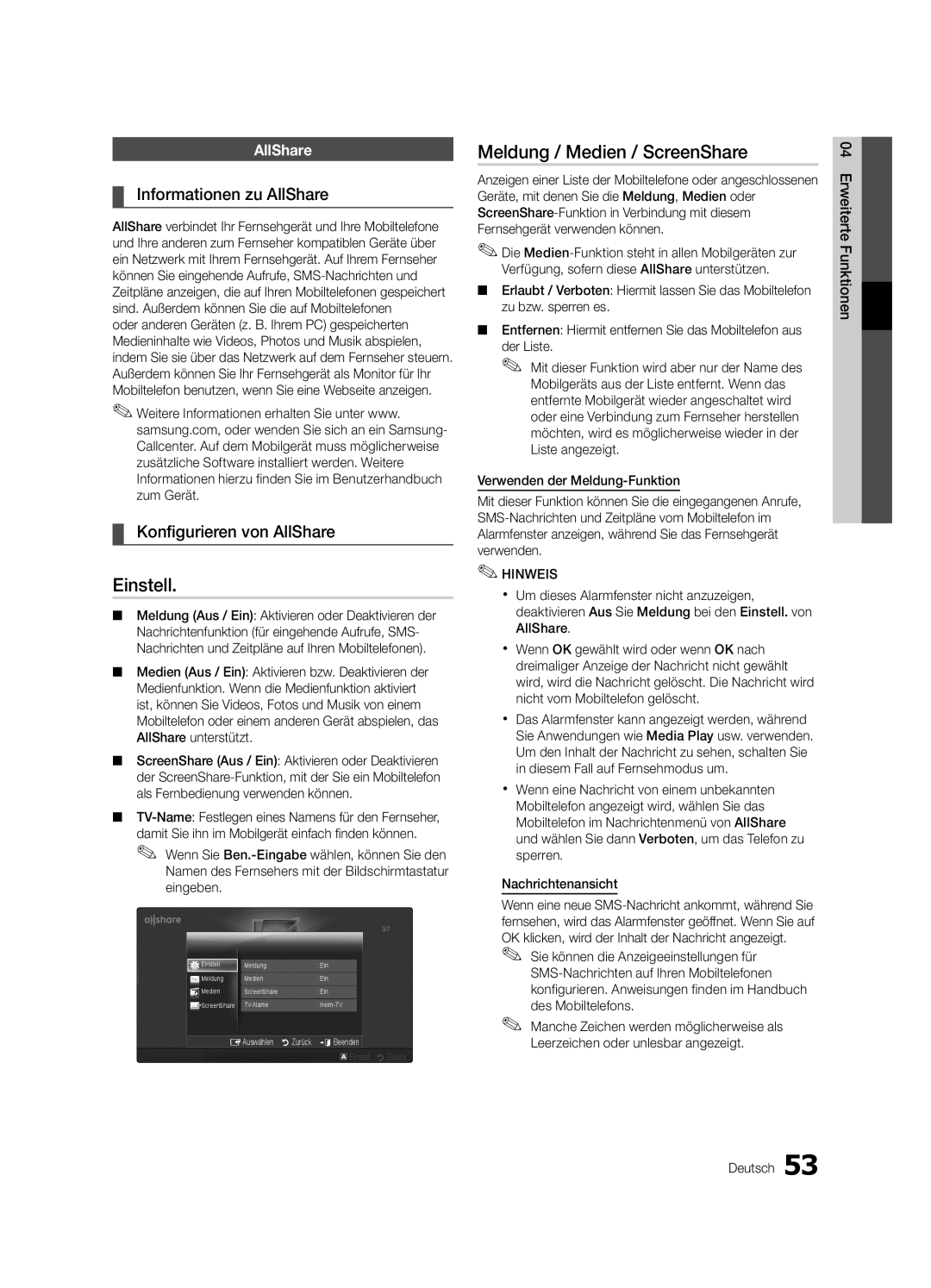 Samsung UE46C8790XZXZG manual Meldung / Medien / ScreenShare, Informationen zu AllShare, Konfigurieren von AllShare 