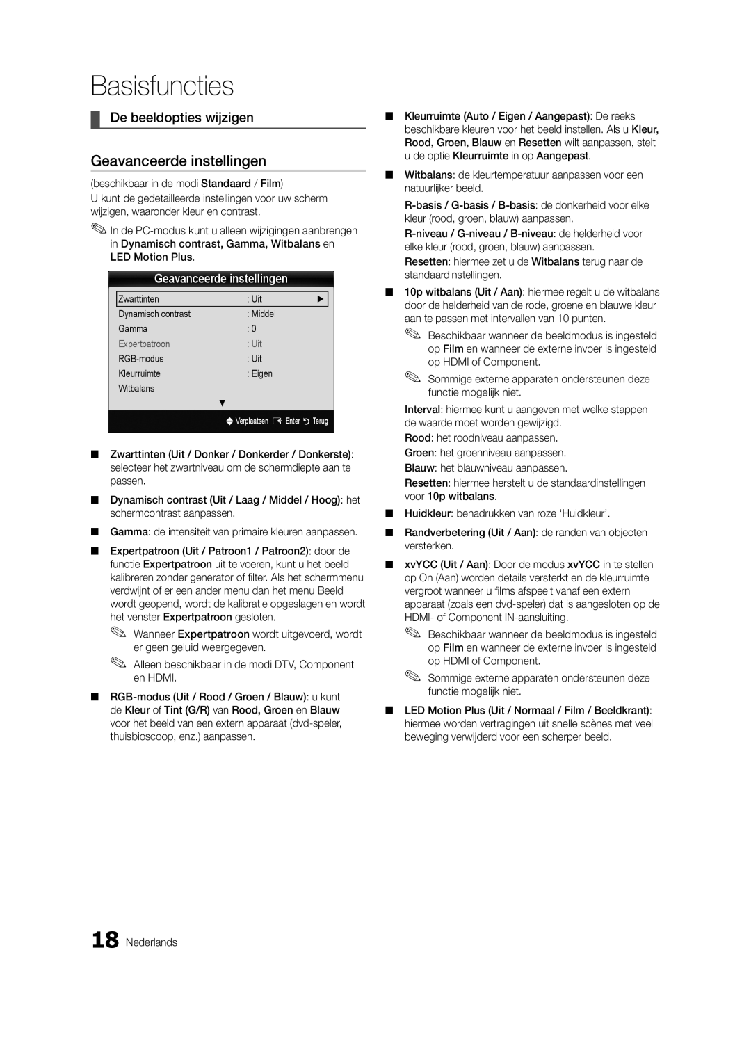 Samsung UE46C8700XSXXN Geavanceerde instellingen, De beeldopties wijzigen, Zwarttinten Uit Dynamisch contrast Middel Gamma 