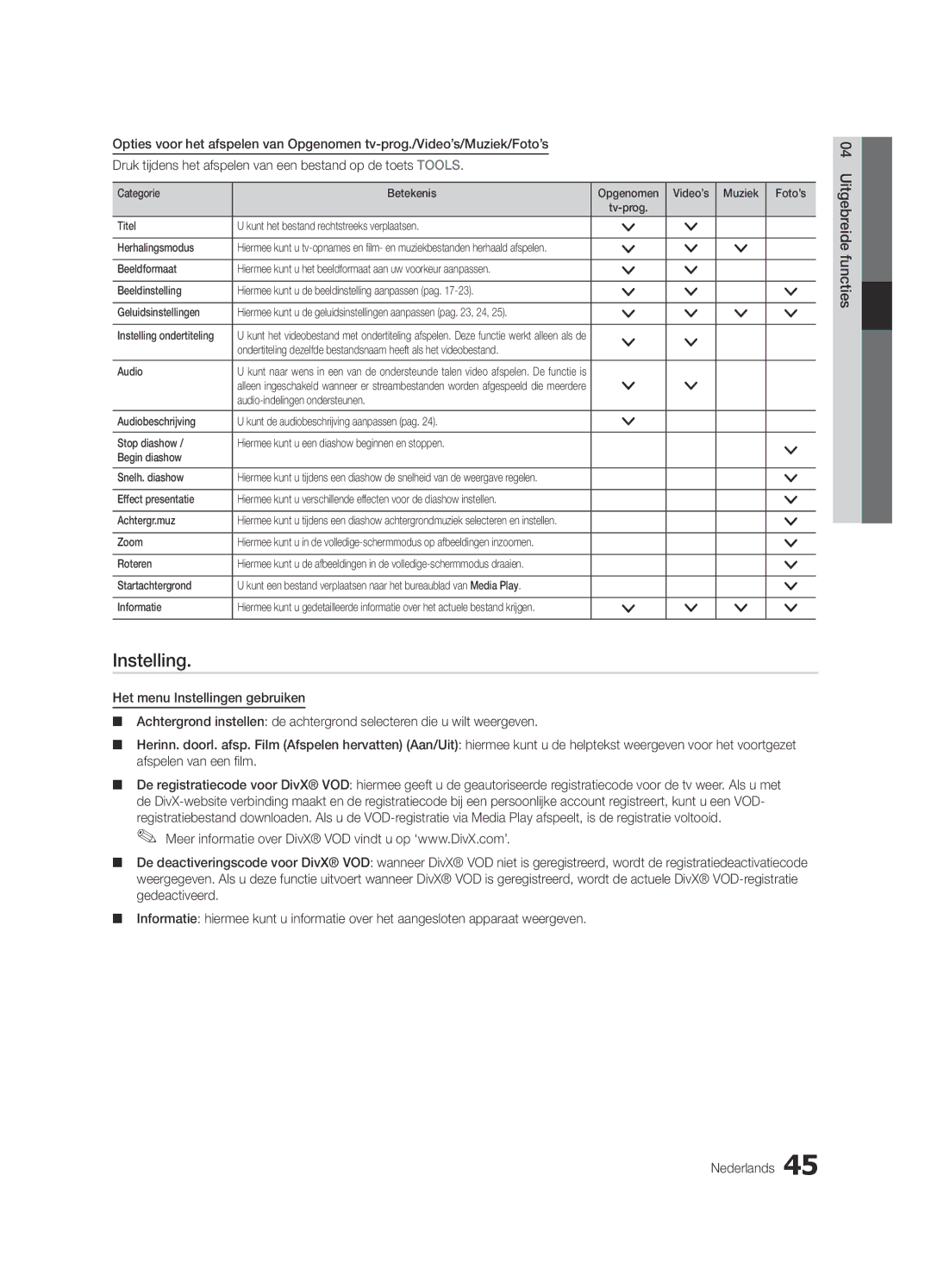 Samsung UE40C8000XWXXH manual Categorie Betekenis Opgenomen Video’s Muziek Foto’s, Instelling ondertiteling, Roteren 