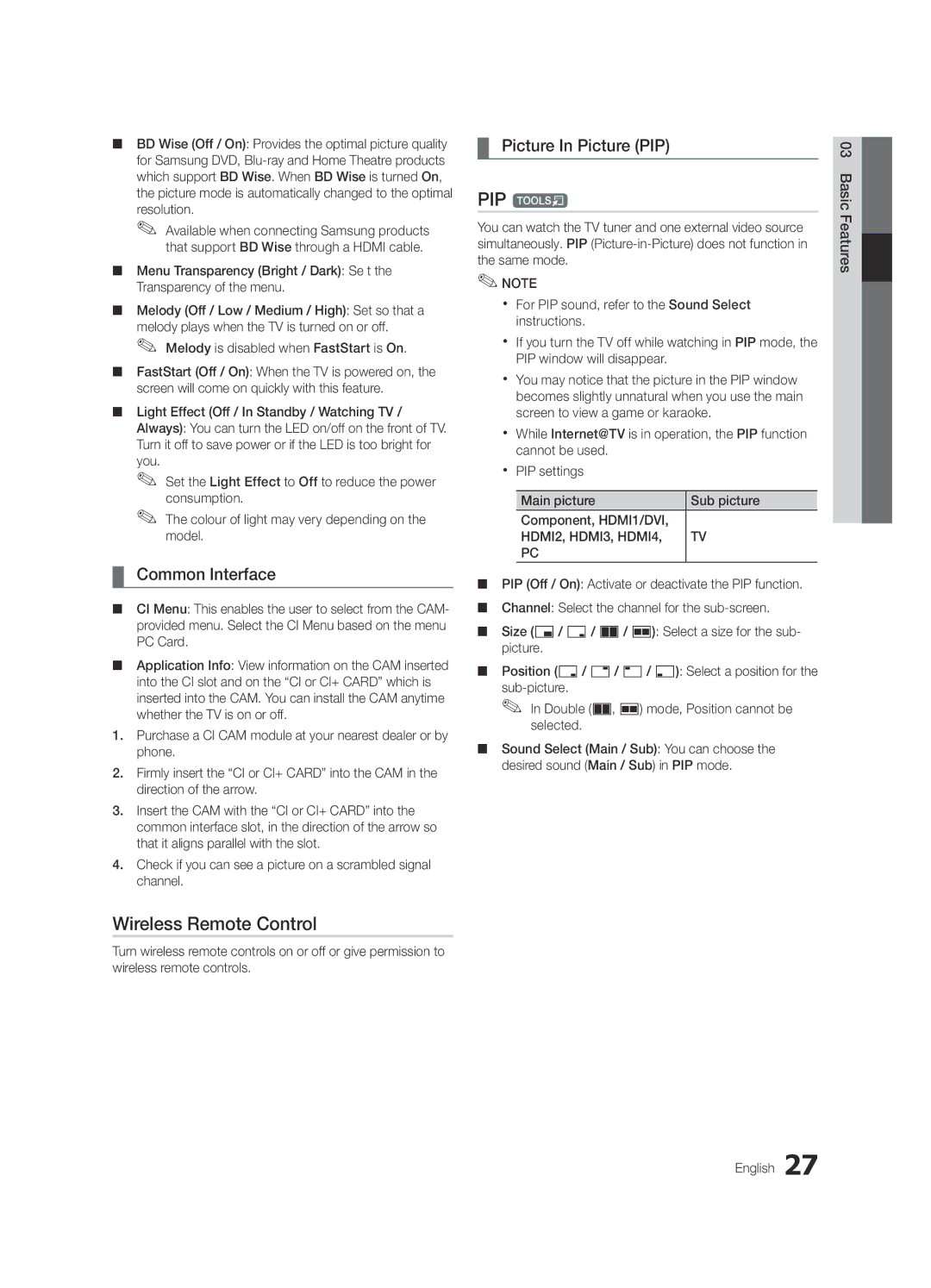 Samsung UE46C8700XSXZF, UE55C8700XSXXN manual Wireless Remote Control, PIP t, Common Interface, Picture In Picture PIP 