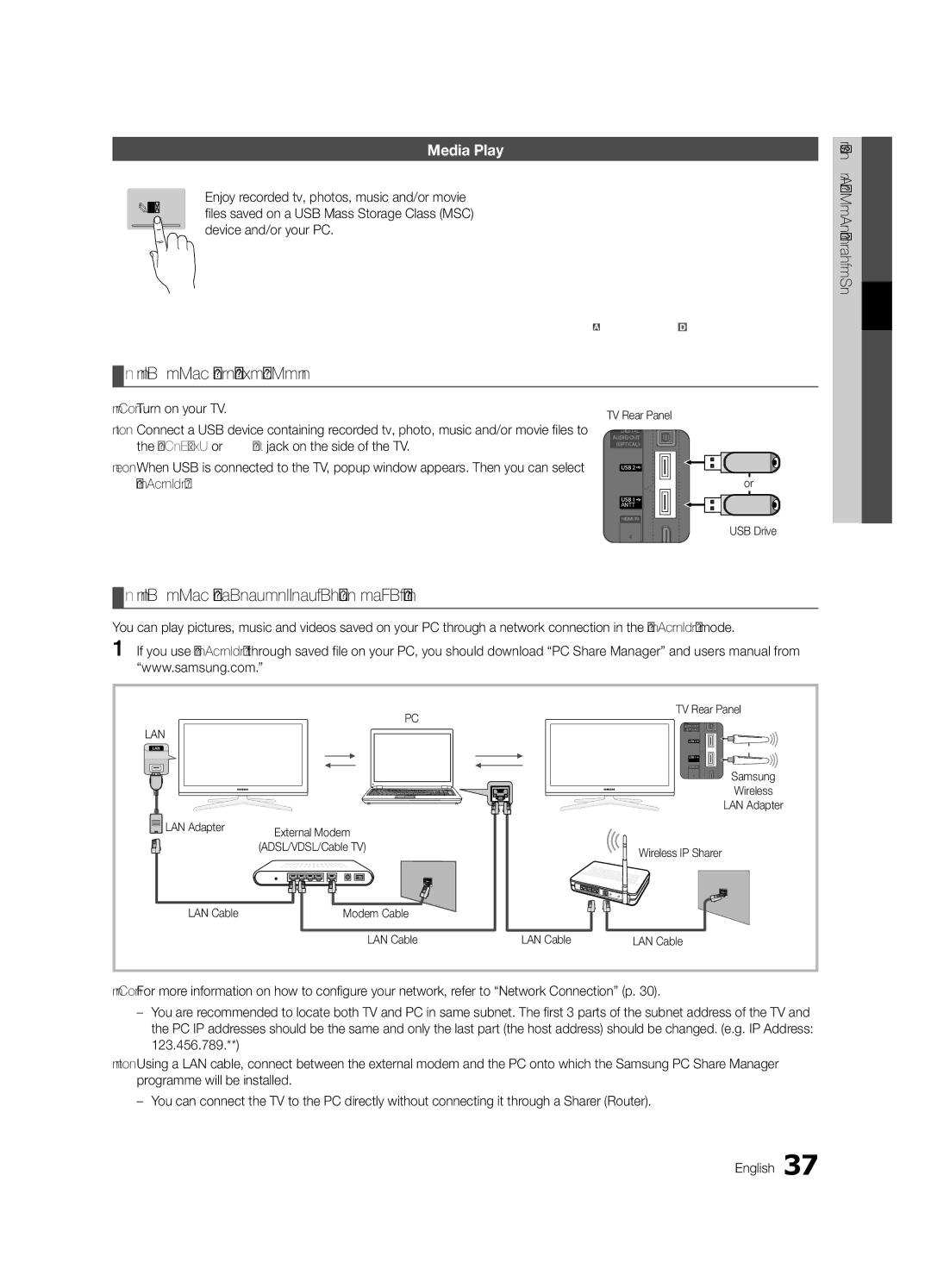 Samsung UE46C8790XZXZG Connecting a USB Device, Connecting to the PC through network, Media Play, Device and/or your PC 