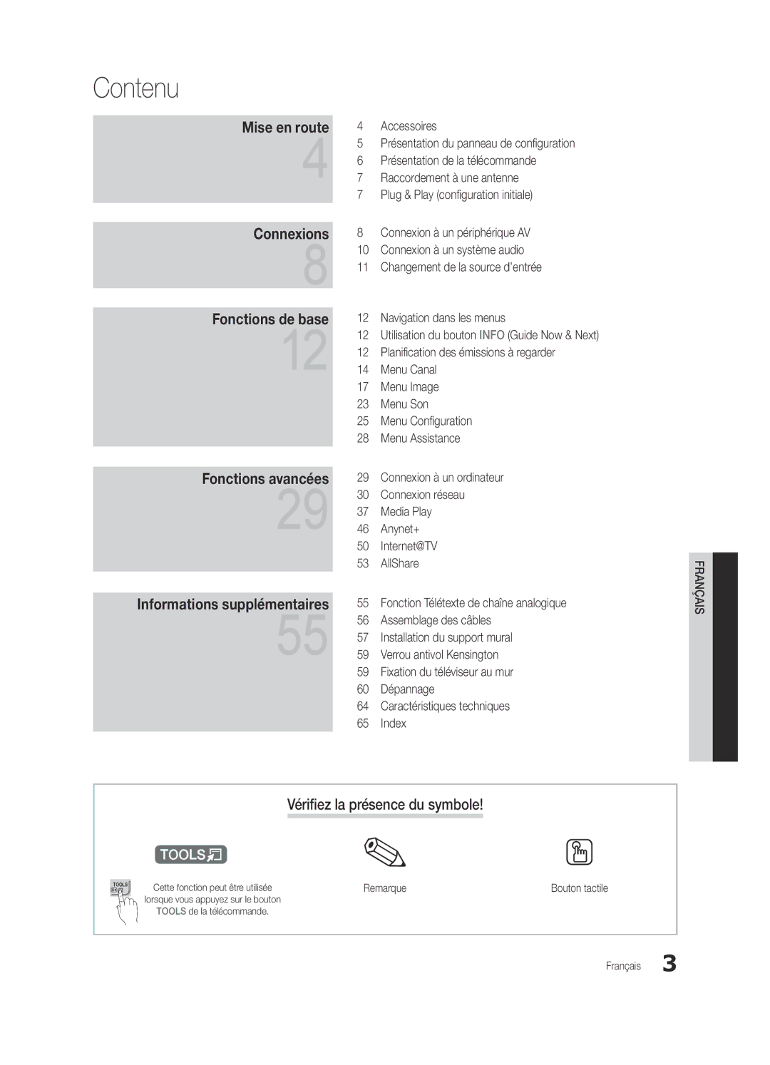 Samsung UE40C8700XSXZG, UE55C8700XSXXN, UE46C8780XSXZG, UE46C8700XSXXN Contenu, Vérifiez la présence du symbole, Remarque 