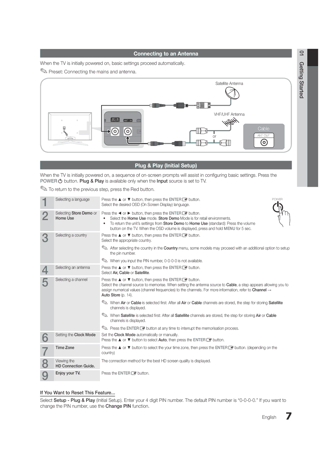 Samsung UE40C8700XSXXN, UE55C8700XSXXN, UE46C8780XSXZG, UE46C8700XSXXN Connecting to an Antenna, Plug & Play Initial Setup 