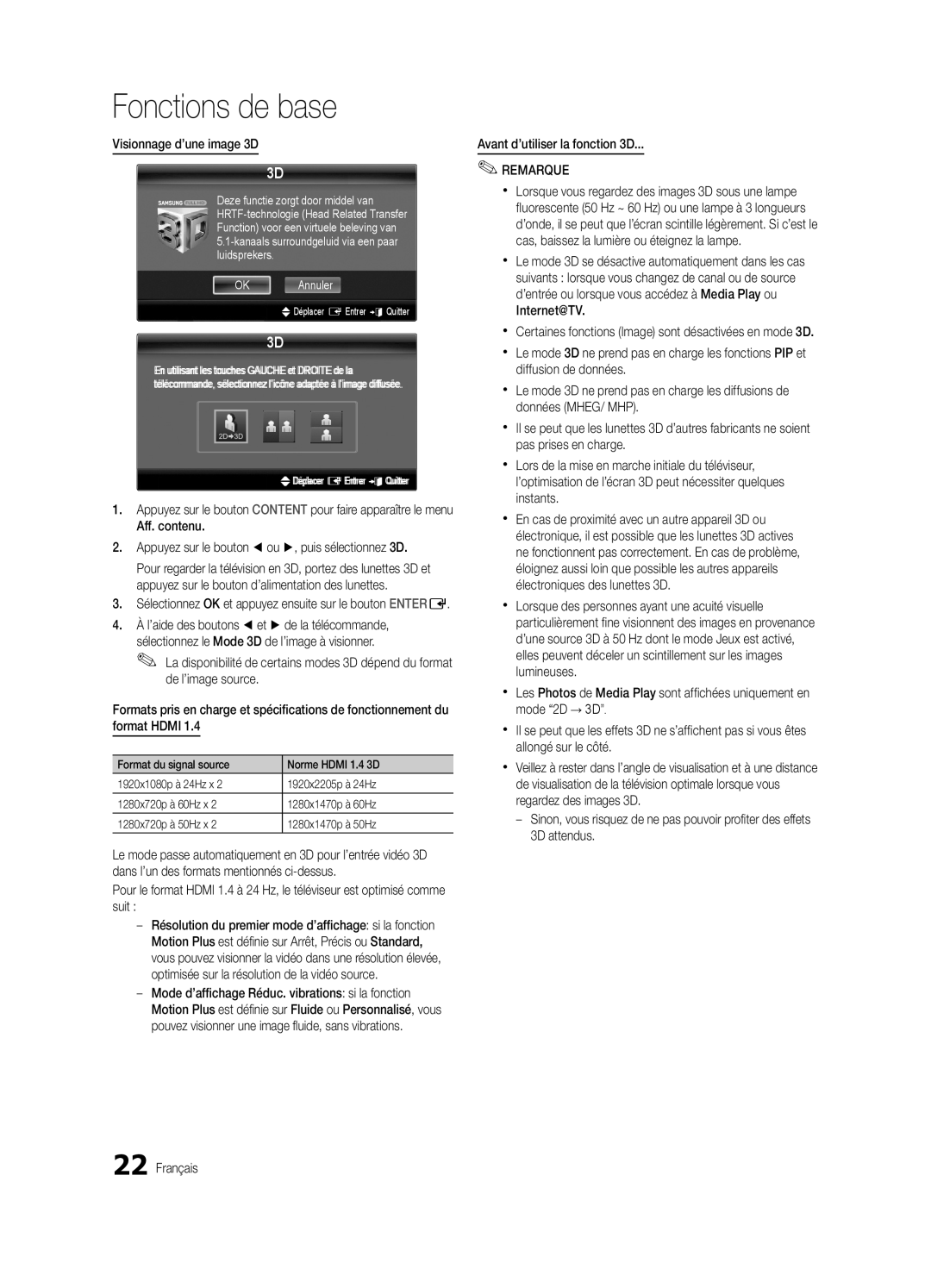 Samsung UE46C8790XSXZG, UE55C8700XSXXN, UE46C8780XSXZG manual Visionnage d’une image 3D, Avant d’utiliser la fonction 3D 