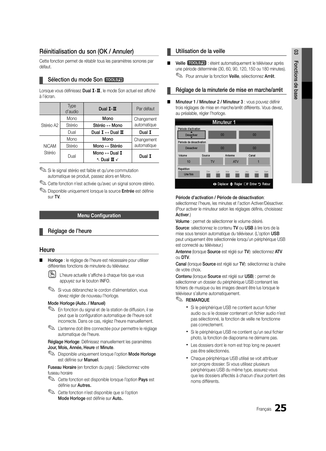 Samsung UE46C8790XSXZF manual Réinitialisation du son OK / Annuler, Heure, Sélection du mode Son t, Réglage de l’heure 