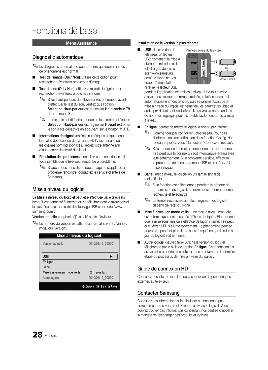 Samsung UE46C8000XPXZT manual Diagnostic automatique, Mise à niveau du logiciel, Guide de connexion HD, Contacter Samsung 