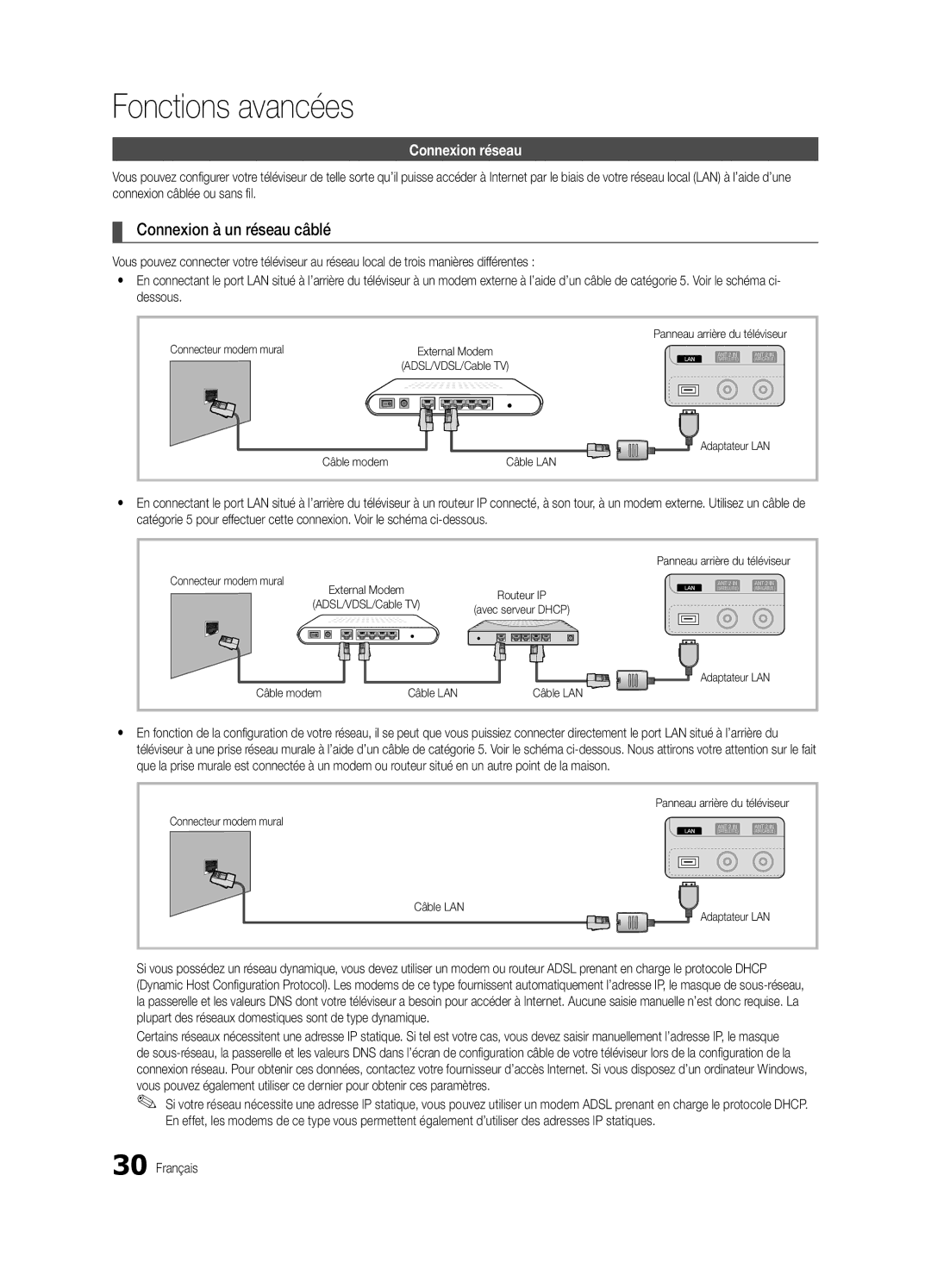 Samsung UE46C8705XSXXE, UE55C8700XSXXN, UE46C8780XSXZG, UE46C8700XSXXN manual Connexion à un réseau câblé, Connexion réseau 