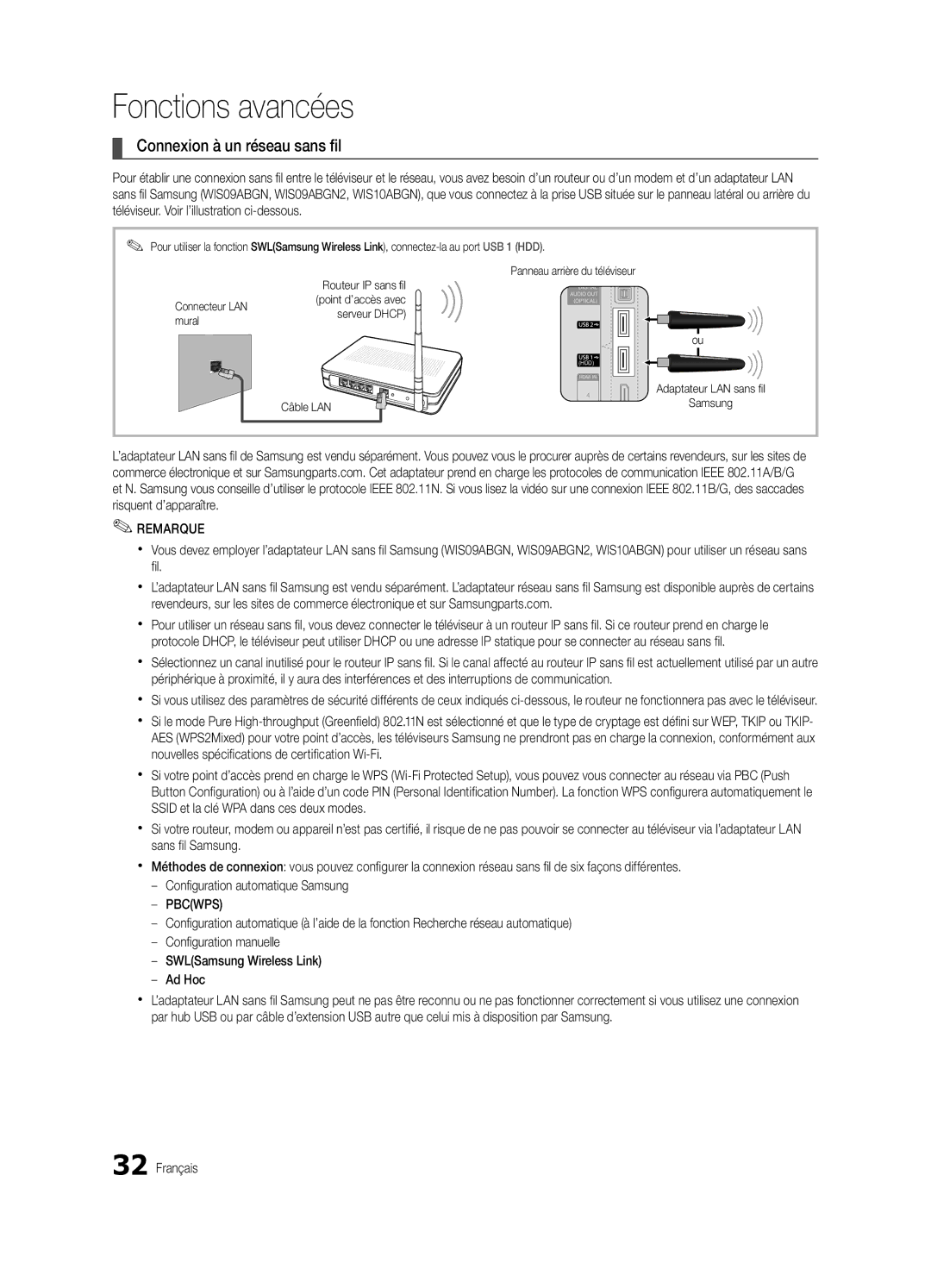 Samsung UE55C8700XSXXN, UE46C8780XSXZG, UE46C8700XSXXN, UE40C8700XSXZG, UE46C8700XSXZG Connexion à un réseau sans fil, Pbcwps 