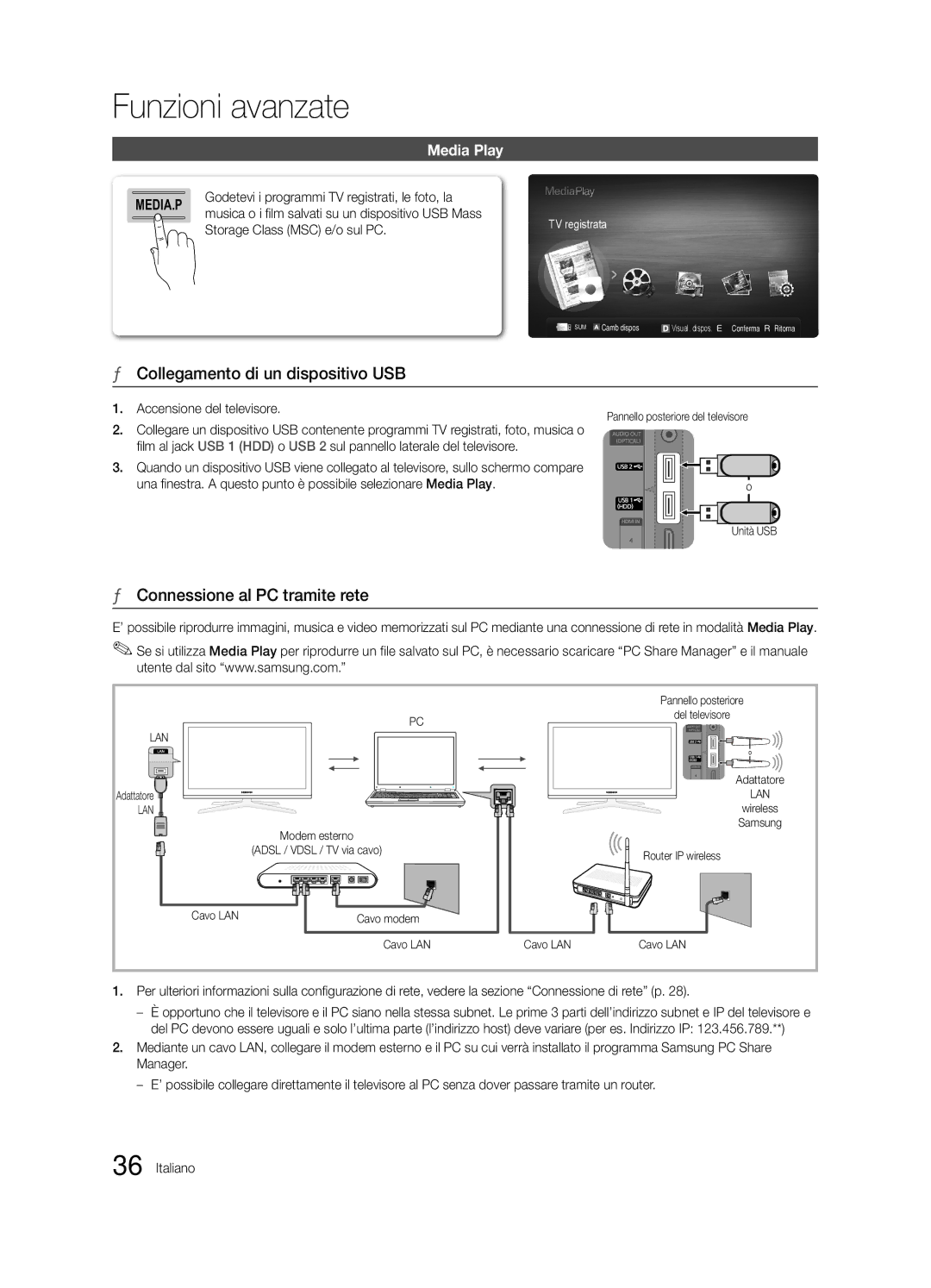 Samsung UE55C8790XSXZG Collegamento di un dispositivo USB, Connessione al PC tramite rete, Storage Class MSC e/o sul PC 