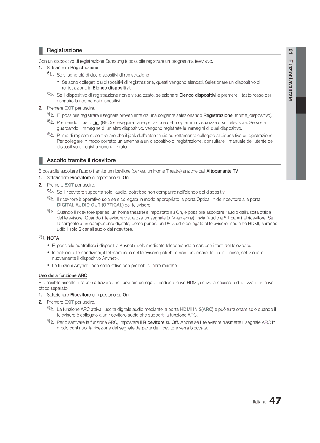 Samsung UE55C8000XPXZT, UE55C8700XSXXN manual Registrazione, Ascolto tramite il ricevitore, Premere Exit per uscire 