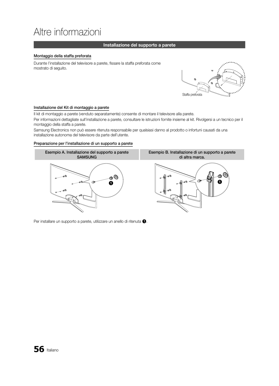 Samsung UE55C8000XPXZT, UE55C8700XSXXN, UE55C8790XSXZG, UE40C8000XPXZT manual Installazione del supporto a parete, Samsung 