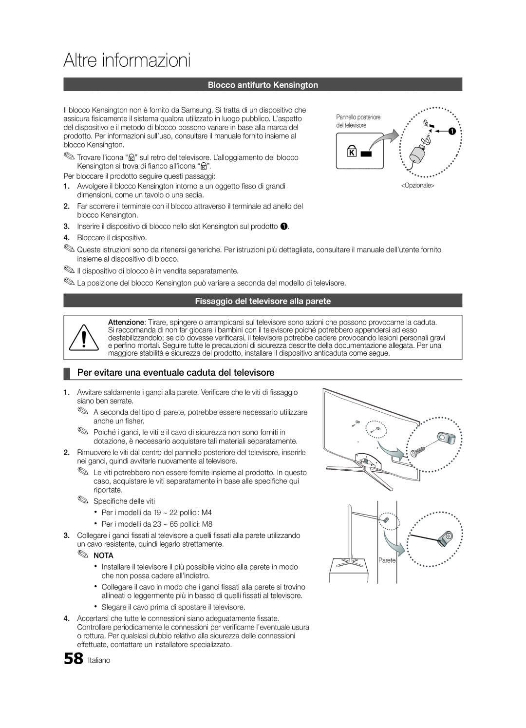 Samsung UE55C8000XKXXU, UE55C8700XSXXN manual Per evitare una eventuale caduta del televisore, Blocco antifurto Kensington 