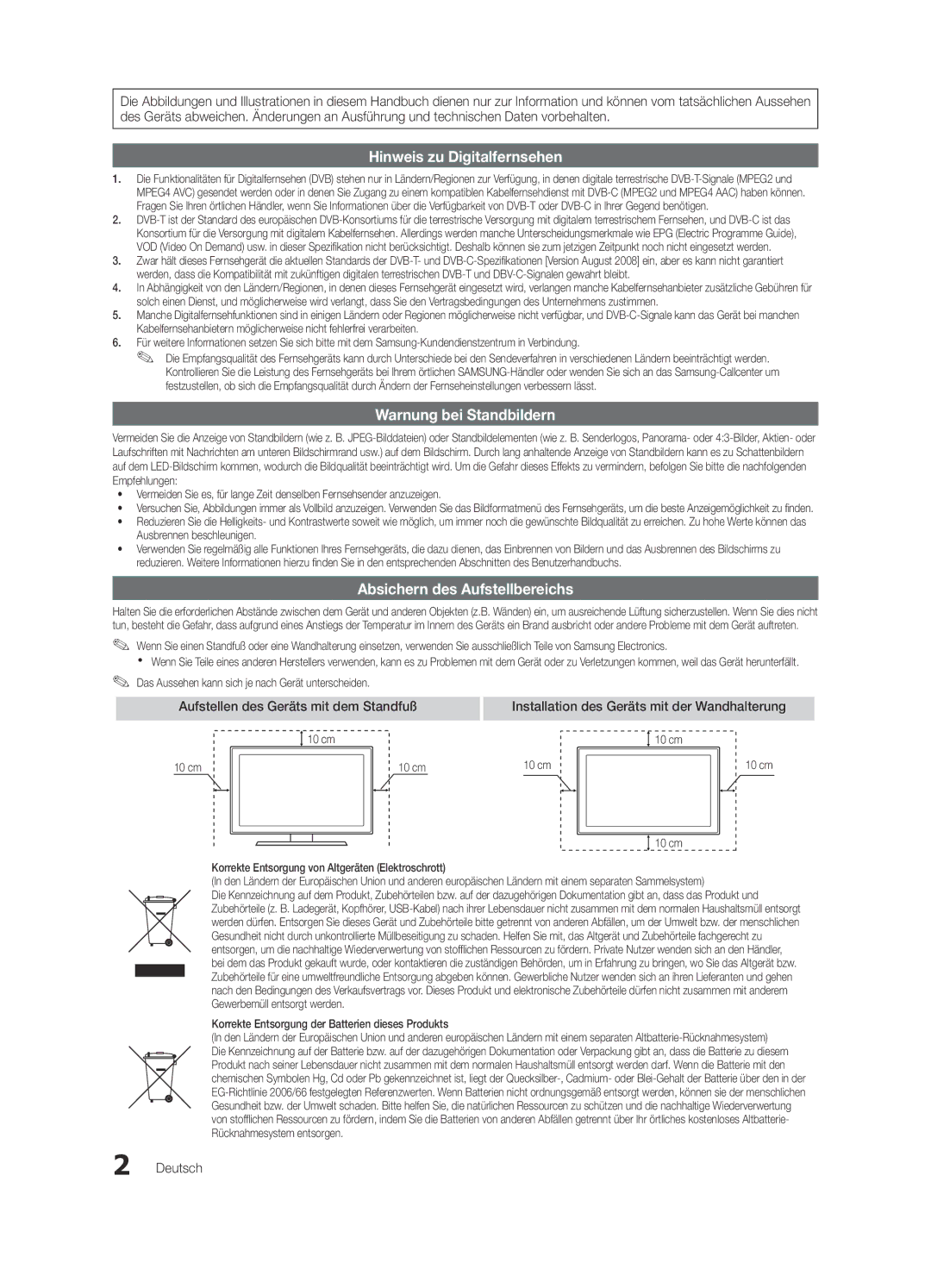 Samsung UE46C8000XPXZT, UE55C8700XSXXN Absichern des Aufstellbereichs, Aufstellen des Geräts mit dem Standfuß, Deutsch 