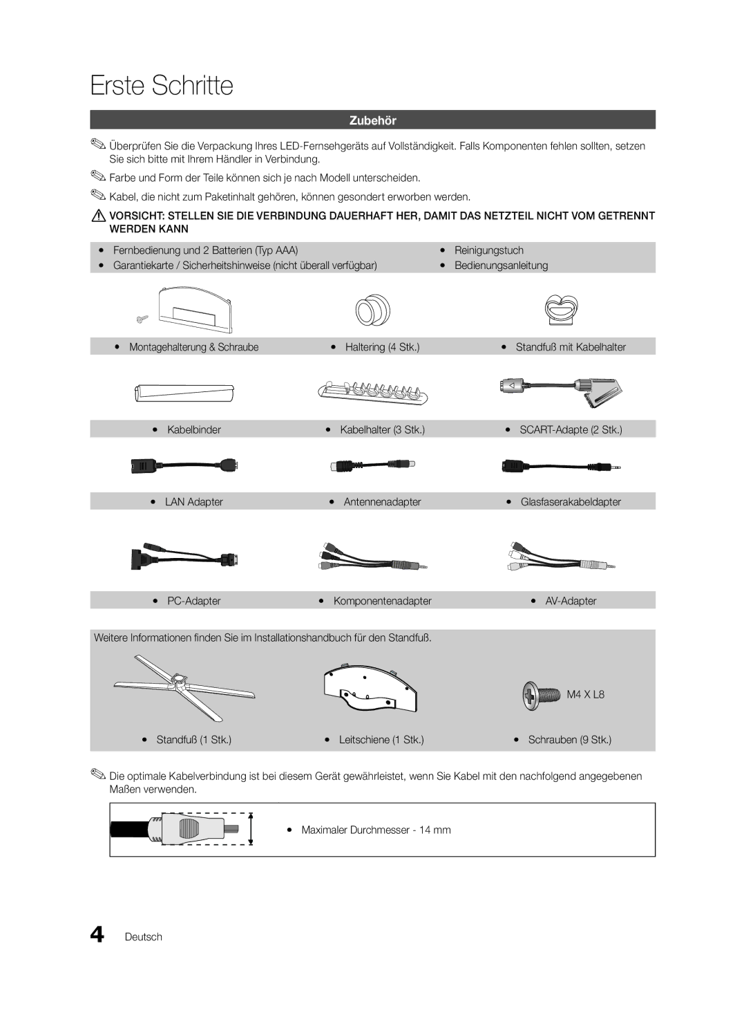 Samsung UE55C8705XSXXE, UE55C8700XSXXN Erste Schritte, Zubehör, Yy Kabelhalter 3 Stk, Yy LAN Adapter Yy Antennenadapter 