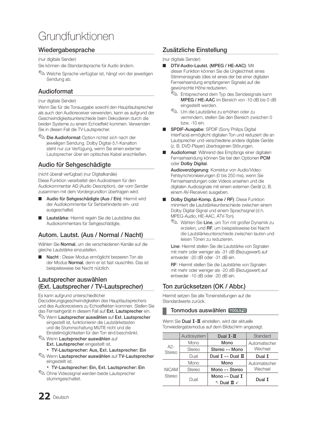 Samsung UE55C8705XSXXE manual Wiedergabesprache, Audioformat, Audio für Sehgeschädigte, Autom. Lautst. Aus / Normal / Nacht 