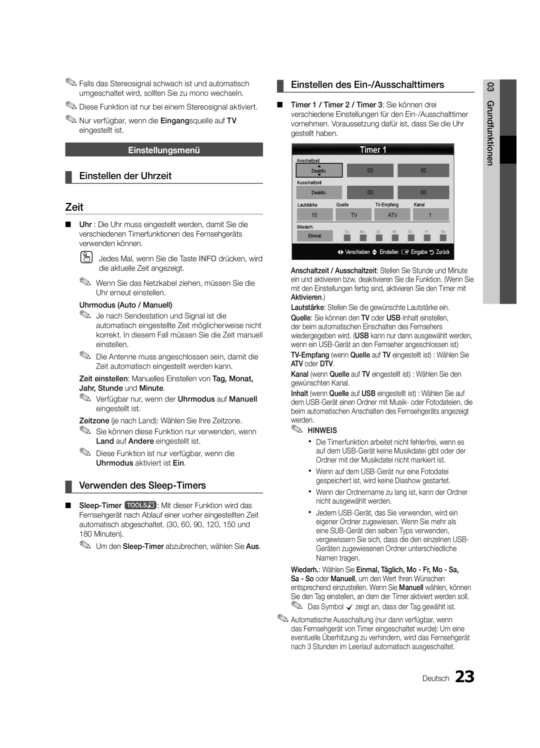 Samsung UE55C8780XSXZG manual Zeit, Einstellen der Uhrzeit, Verwenden des Sleep-Timers, Einstellen des Ein-/Ausschalttimers 