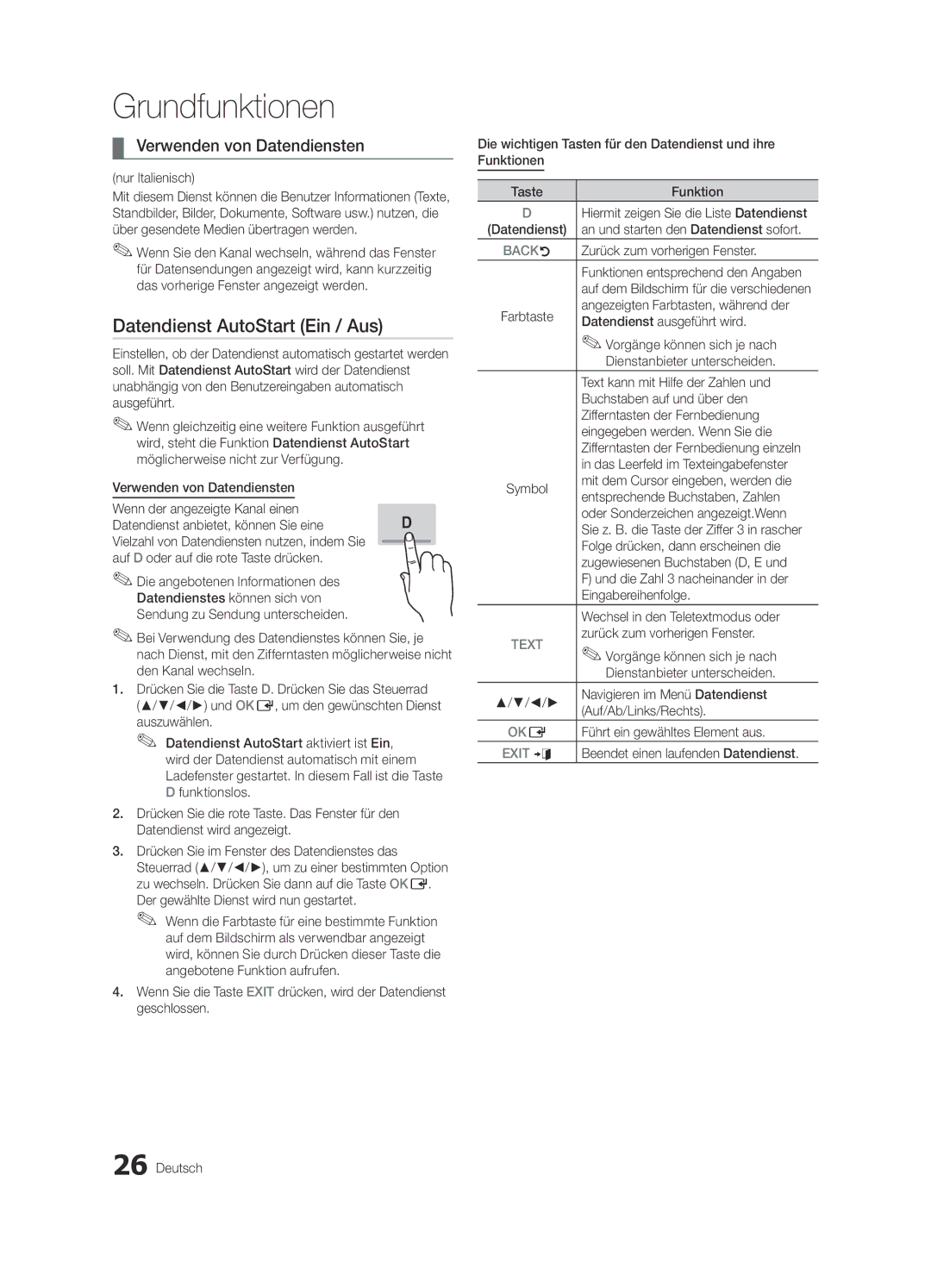 Samsung UE55C8790XSXZG, UE55C8700XSXXN, UE40C8000XPXZT manual Datendienst AutoStart Ein / Aus, Verwenden von Datendiensten 