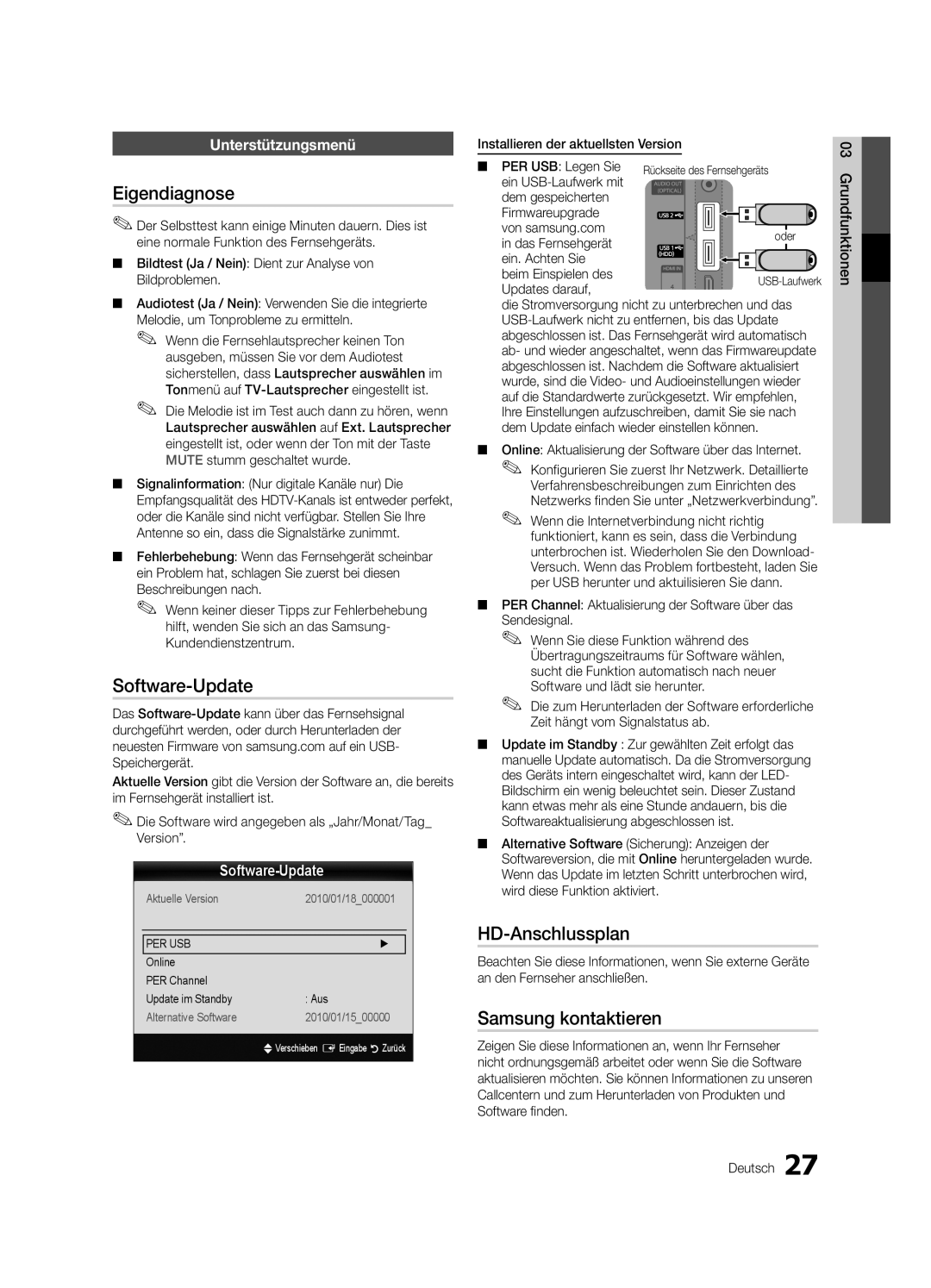 Samsung UE40C8000XPXZT, UE55C8700XSXXN manual Eigendiagnose, Software-Update, HD-Anschlussplan, Samsung kontaktieren 