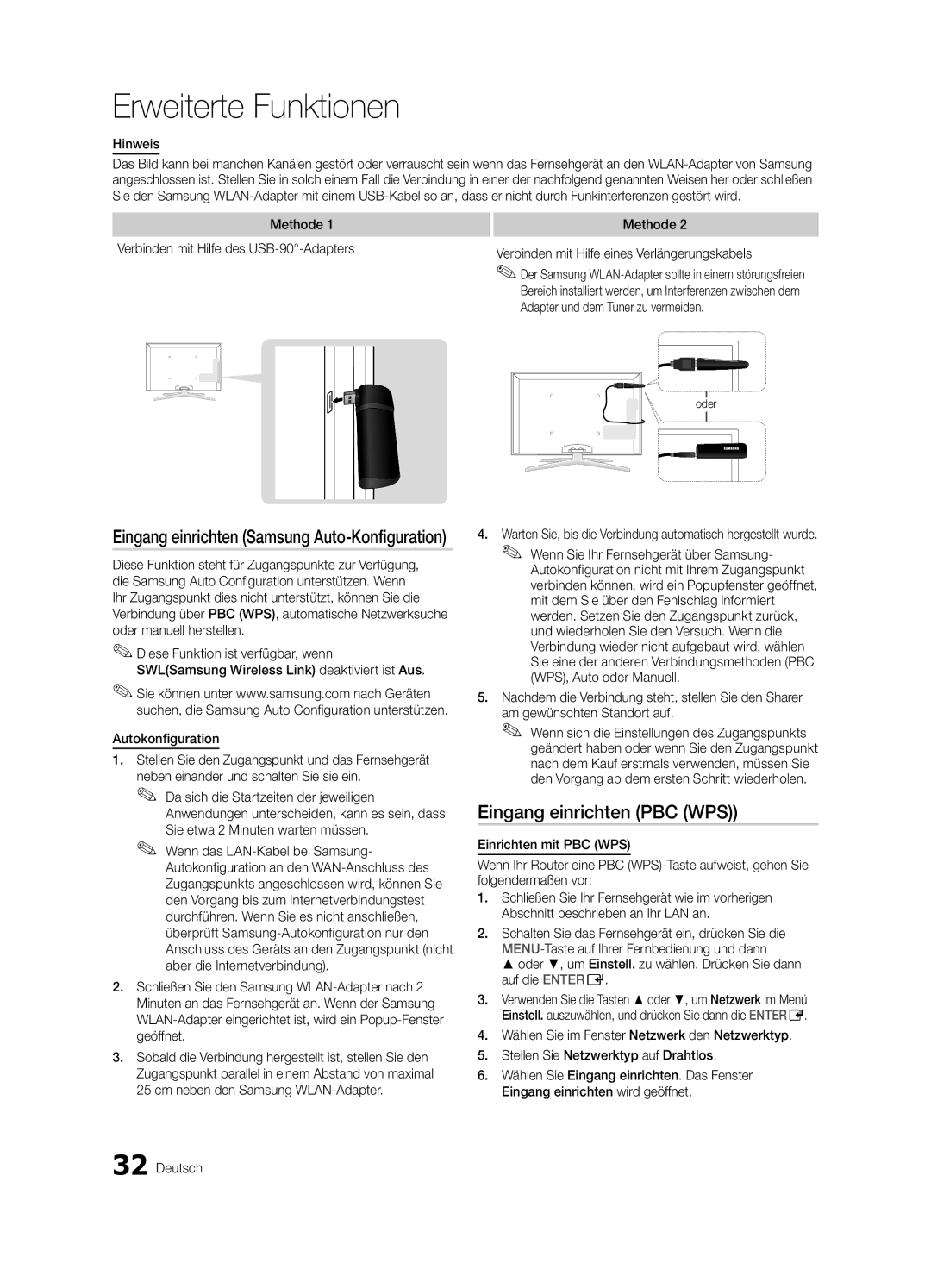 Samsung UE55C8780XSXZG, UE55C8700XSXXN manual Eingang einrichten PBC WPS, Eingang einrichten Samsung Auto-Konfiguration 