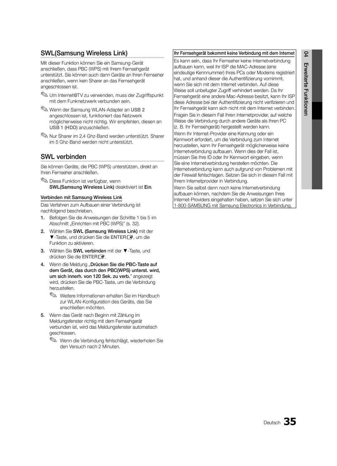 Samsung UE55C8790XSXZG, UE55C8700XSXXN, UE40C8000XPXZT, UE55C8000XPXZT manual SWL verbinden, Erweiterte Funktionen Deutsch 