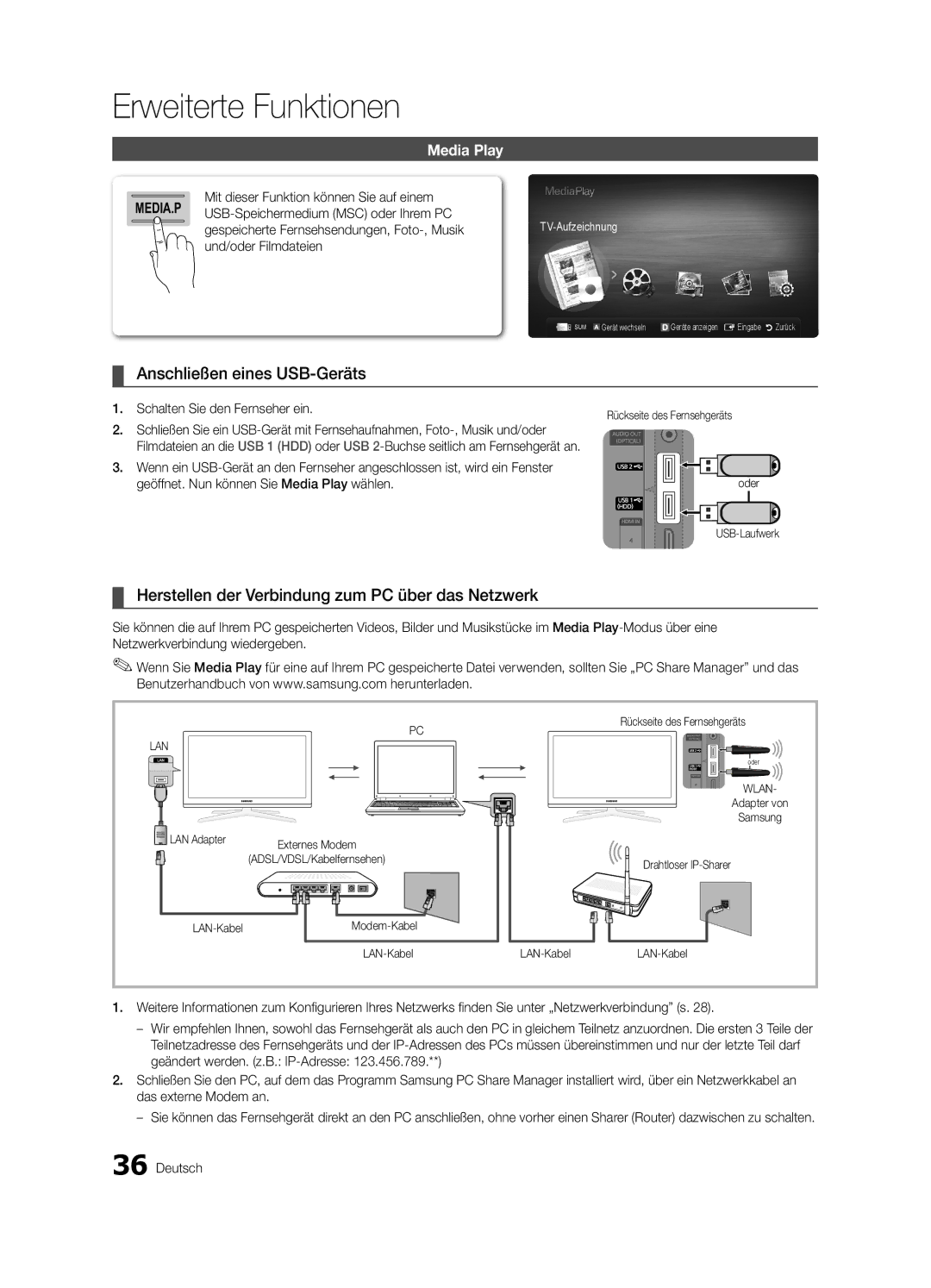 Samsung UE40C8000XPXZT, UE55C8700XSXXN Anschließen eines USB-Geräts, Herstellen der Verbindung zum PC über das Netzwerk 