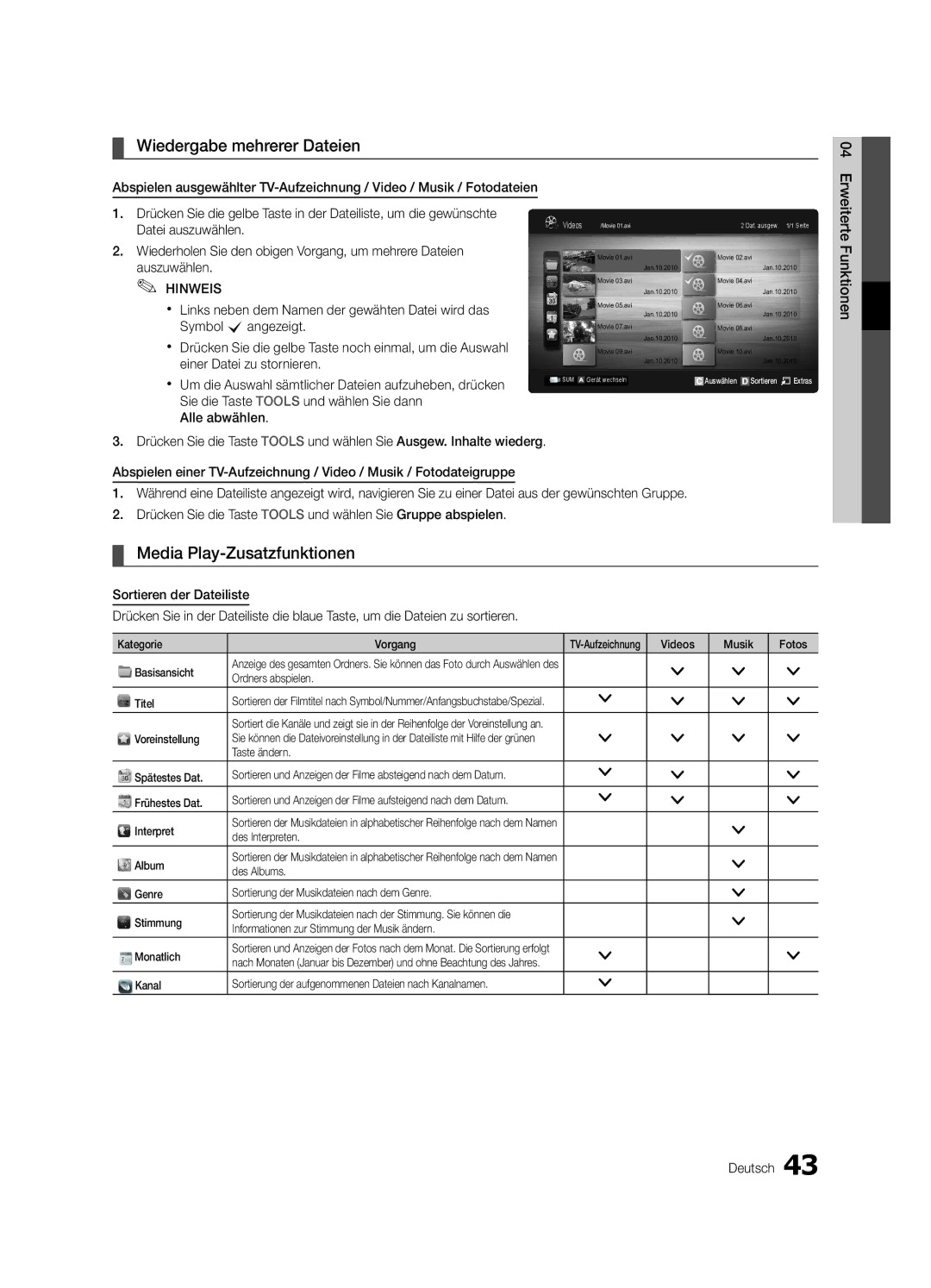 Samsung UE55C8700XSXXN, UE55C8790XSXZG, UE40C8000XPXZT manual Wiedergabe mehrerer Dateien, Media Play-Zusatzfunktionen 