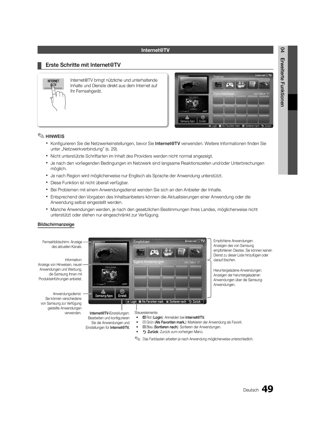 Samsung UE55C8705XSXXE, UE55C8700XSXXN, UE55C8790XSXZG, UE40C8000XPXZT manual Erste Schritte mit Internet@TV, Funktionen 