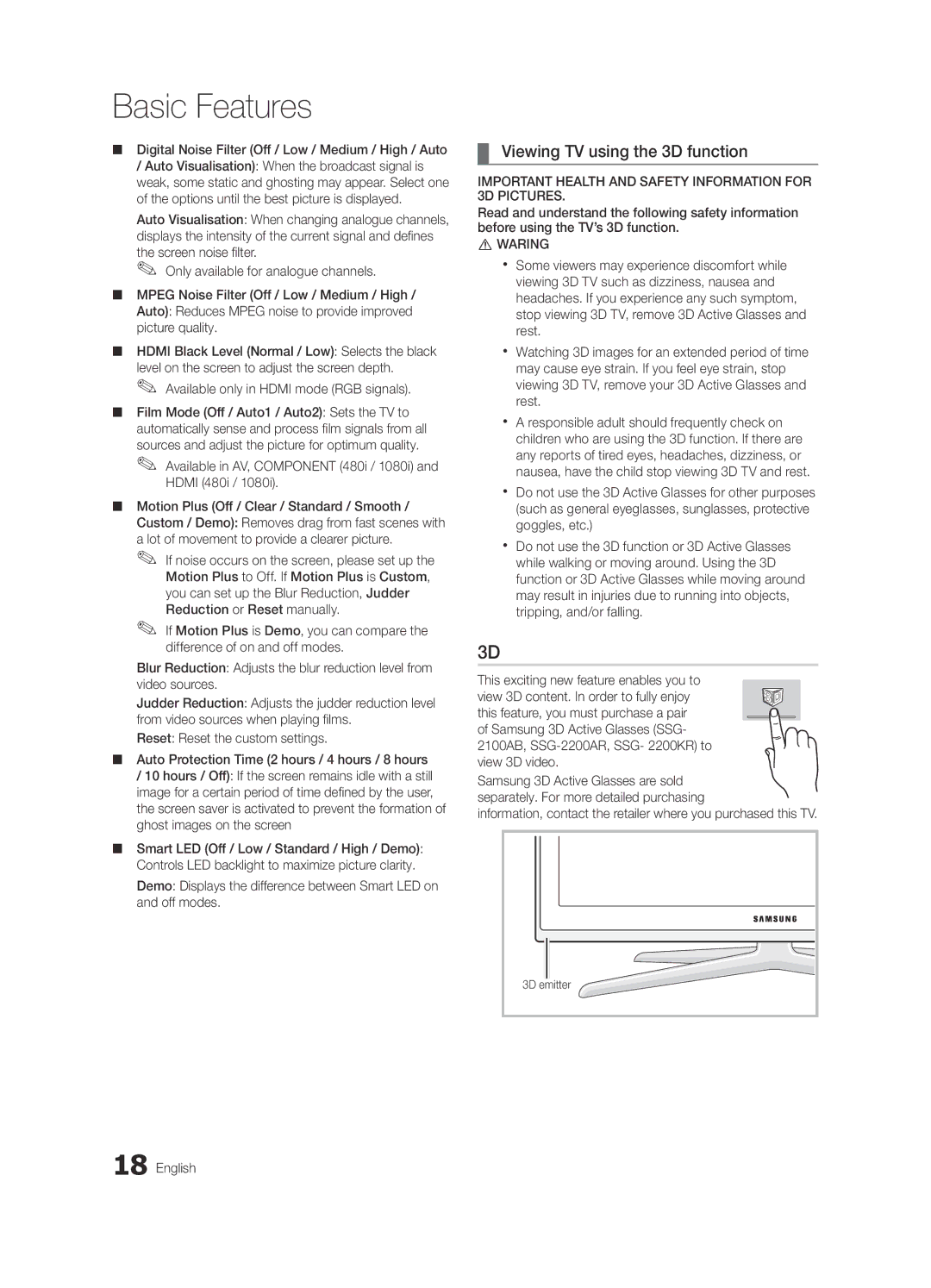 Samsung UE55C8700XSXXN manual Viewing TV using the 3D function, Digital Noise Filter Off / Low / Medium / High / Auto 