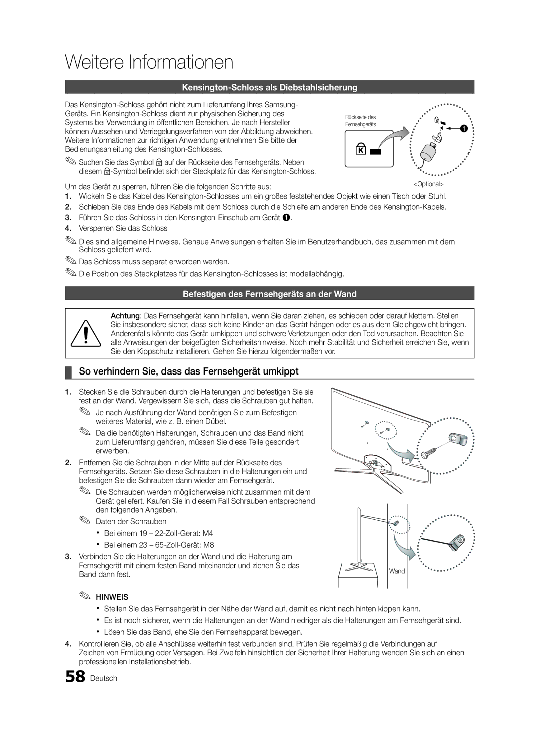 Samsung UE55C8705XSXXE So verhindern Sie, dass das Fernsehgerät umkippt, Kensington-Schloss als Diebstahlsicherung, Wand 