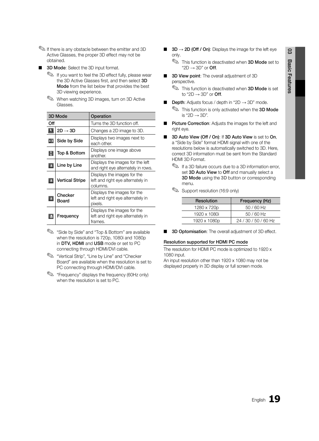 Samsung UE55C8790XSXZG manual Displays the images for, 60 Hz, Basic Features English, Right eye alternately in rows 