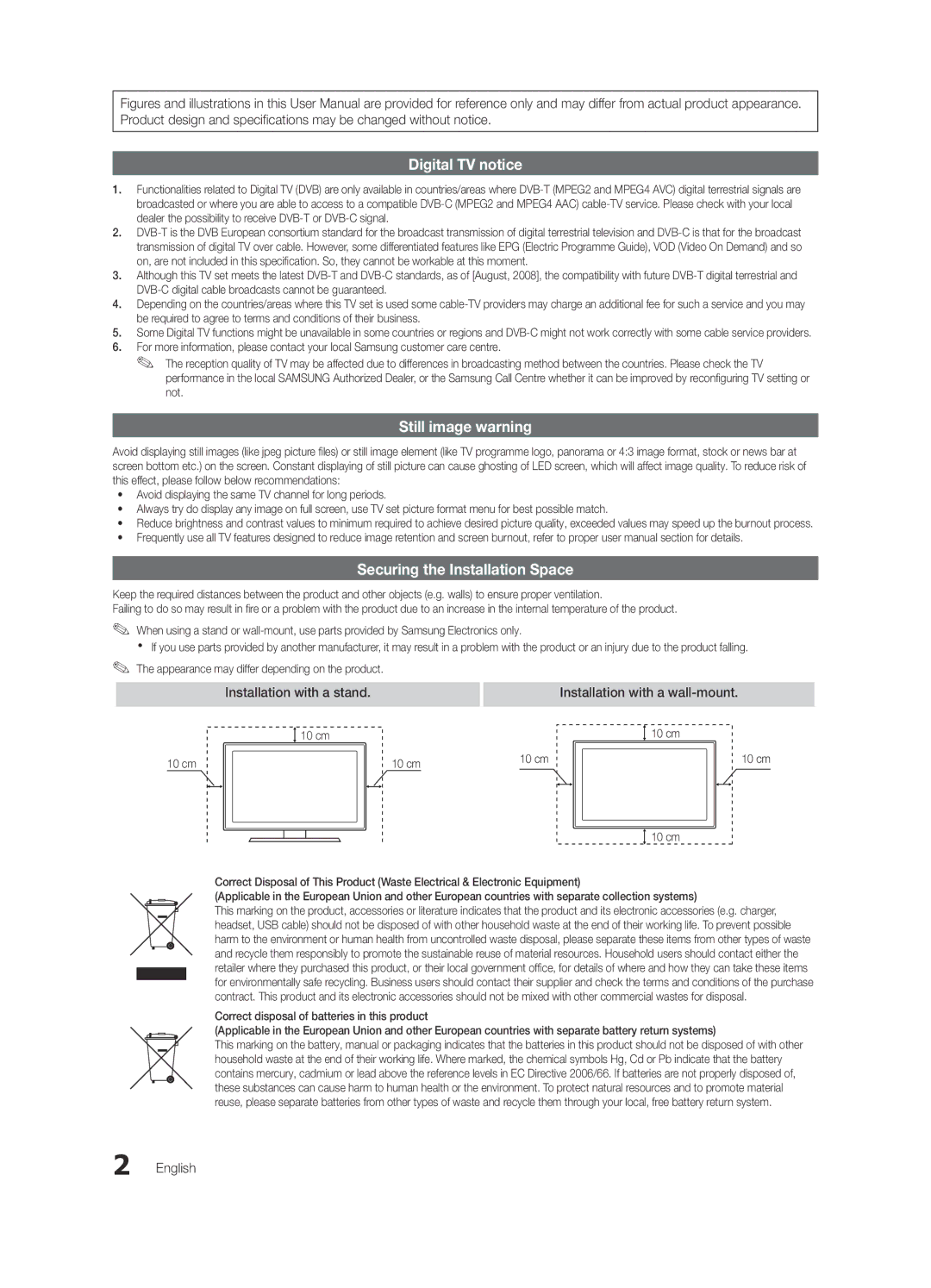 Samsung UE40C8000XPXZT, UE55C8700XSXXN, UE55C8790XSXZG, UE55C8000XPXZT manual Installation with a wall-mount, English, 10 cm 