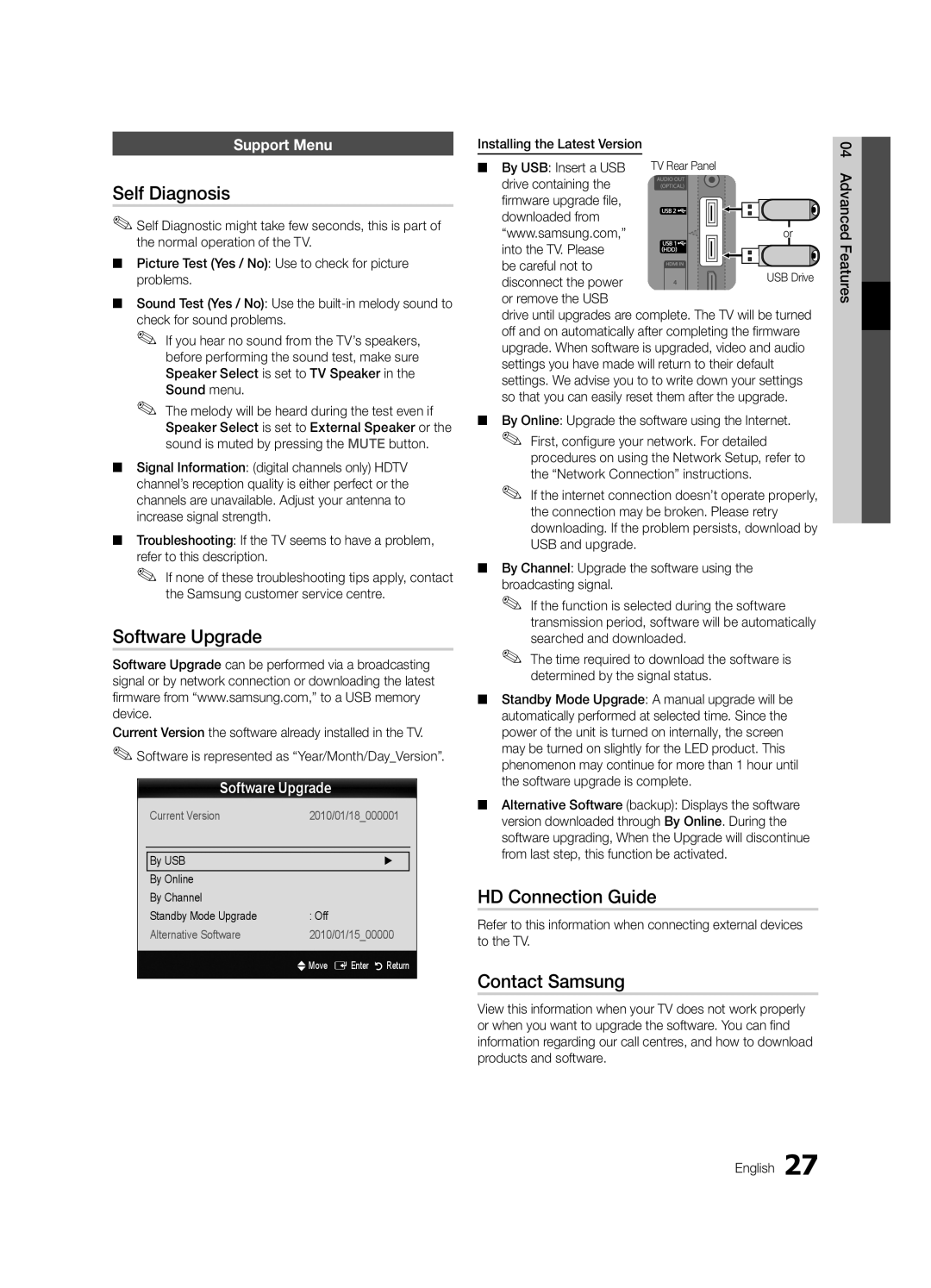 Samsung UE55C8700XSXXN, UE55C8790XSXZG manual Self Diagnosis, Software Upgrade, HD Connection Guide, Contact Samsung 