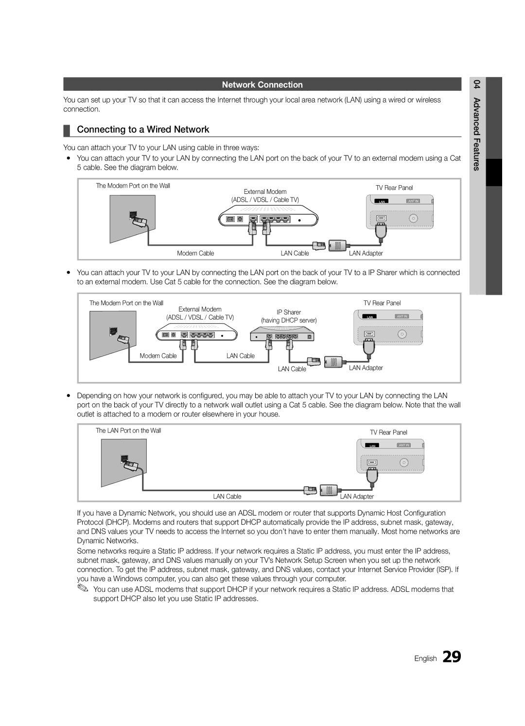 Samsung UE40C8000XPXZT, UE55C8700XSXXN, UE55C8790XSXZG, UE55C8000XPXZT Connecting to a Wired Network, Network Connection 