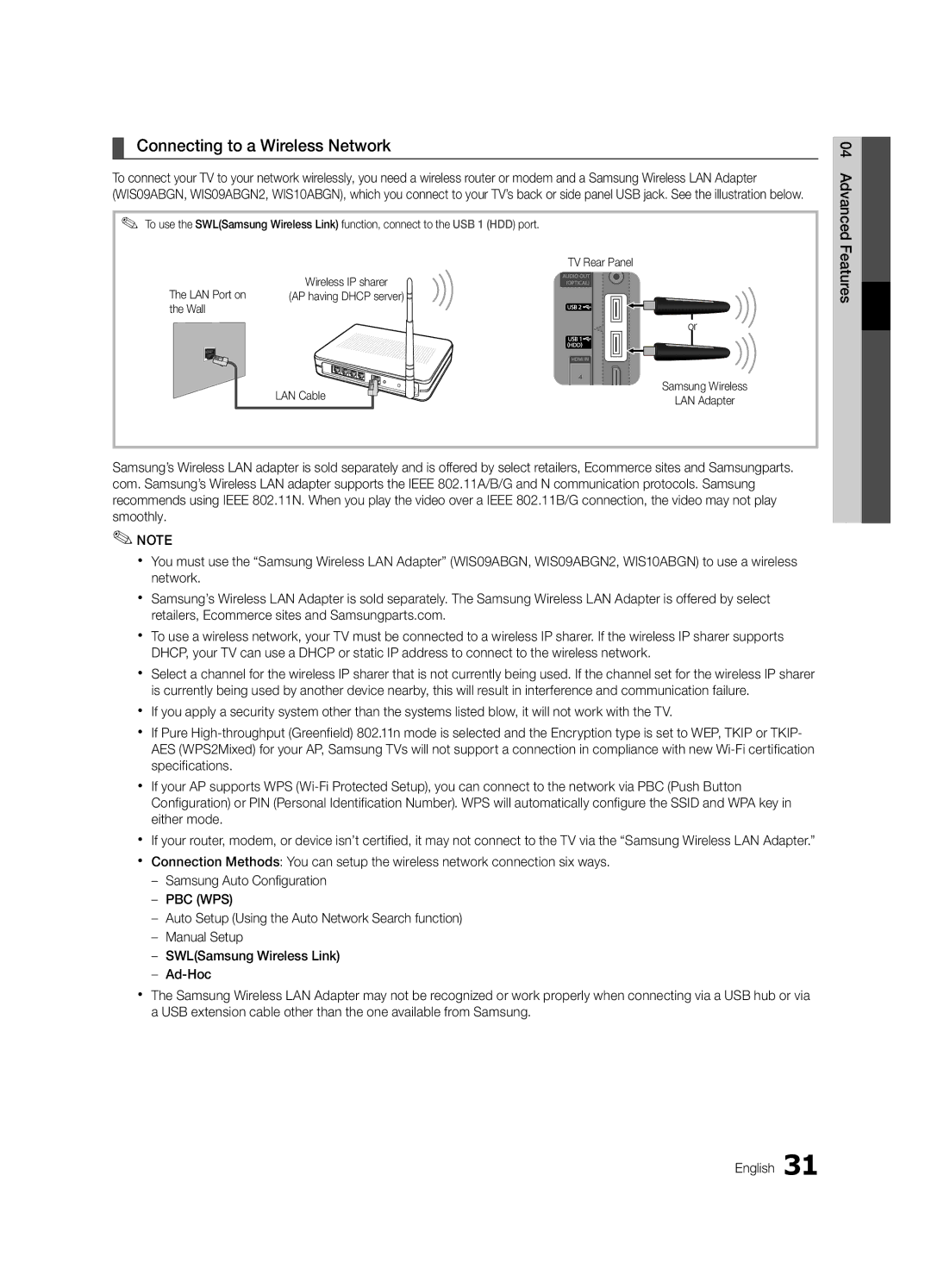 Samsung UE46C8000XPXZT, UE55C8700XSXXN, UE55C8790XSXZG manual Connecting to a Wireless Network, Wall LAN Cable, English 