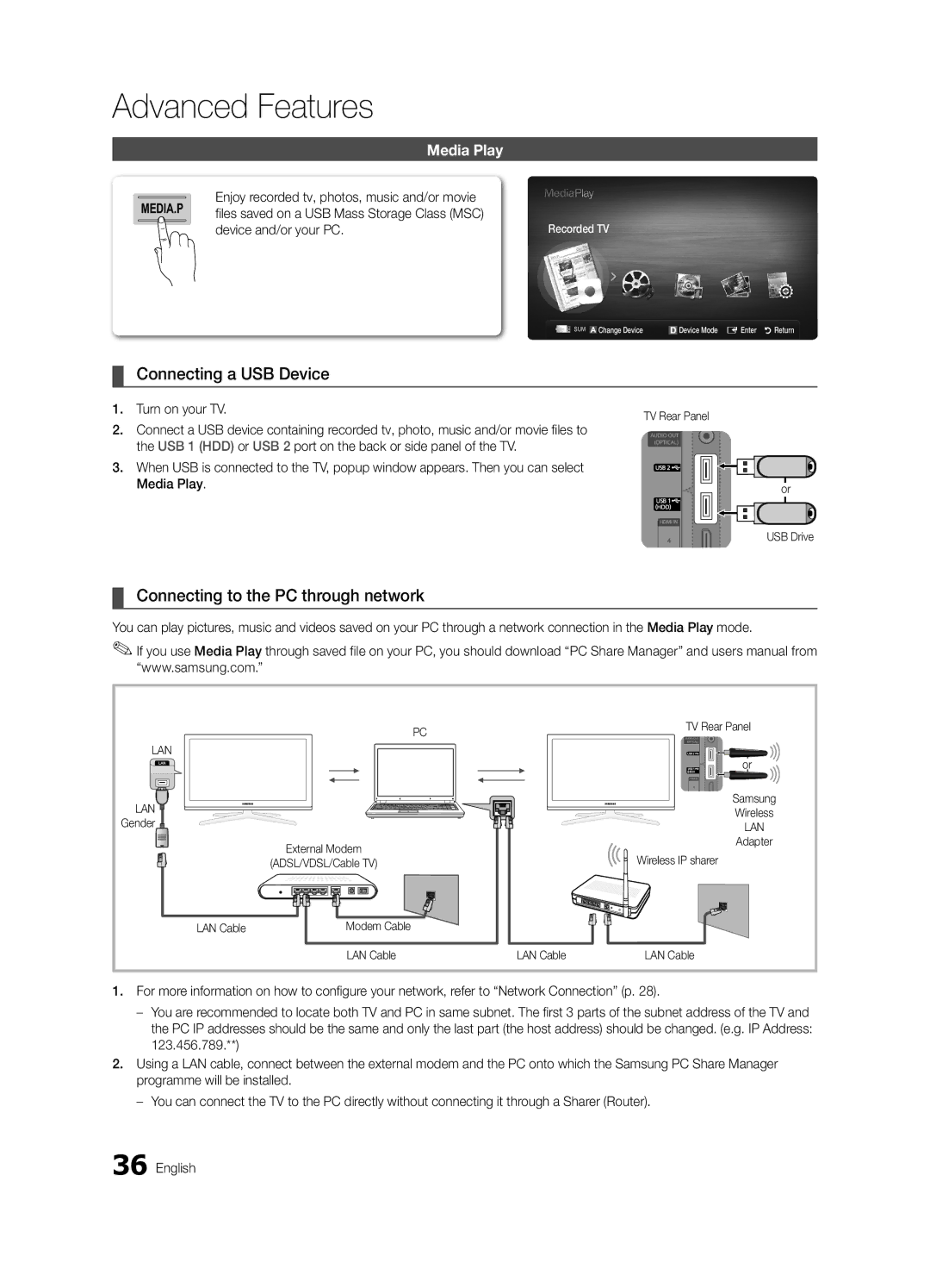 Samsung UE55C8700XSXXN manual Connecting a USB Device, Connecting to the PC through network, Media Play, Turn on your TV 