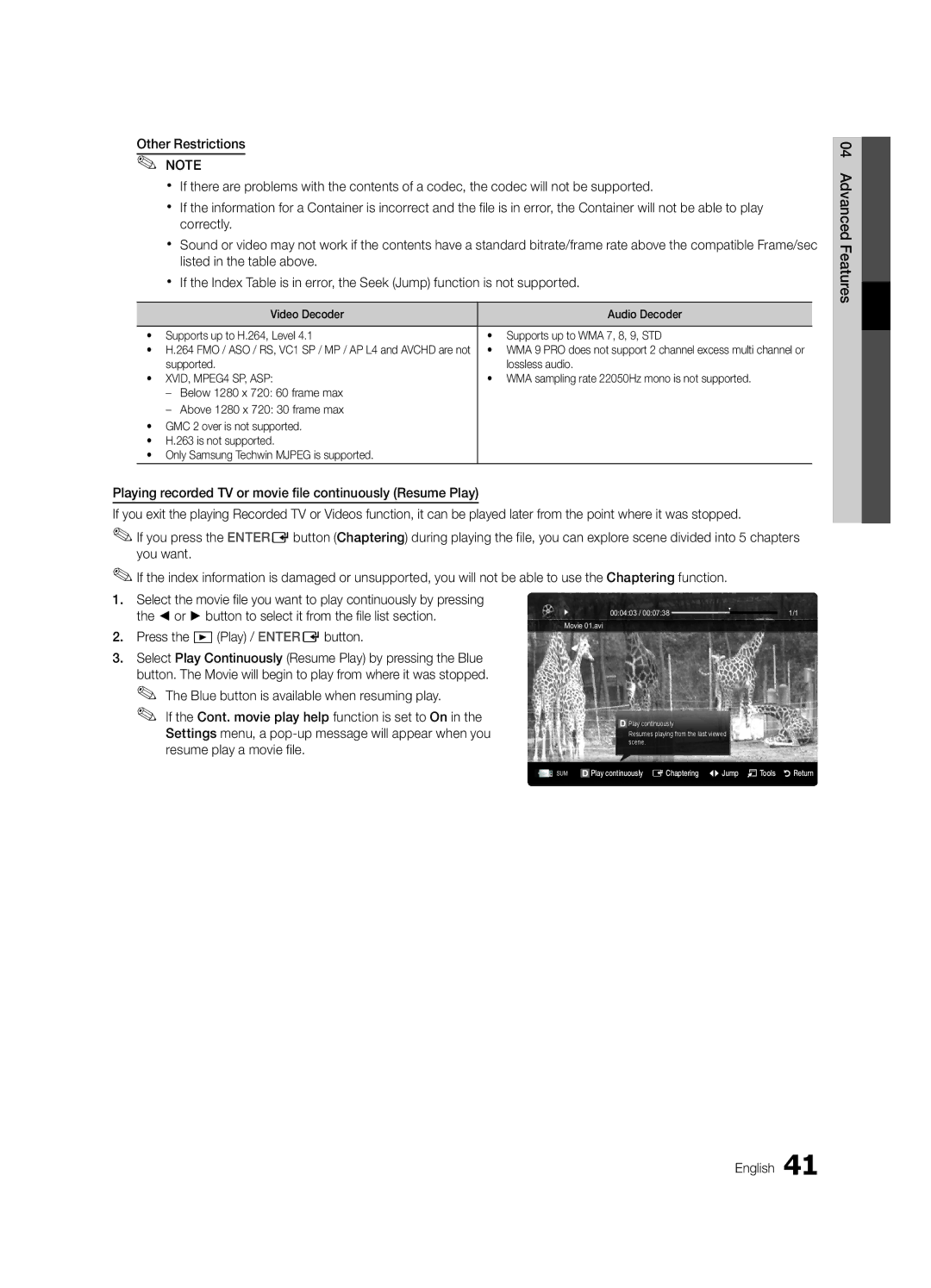 Samsung UE55C8000XKXXU, UE55C8700XSXXN manual Supported Lossless audio, WMA sampling rate 22050Hz mono is not supported 