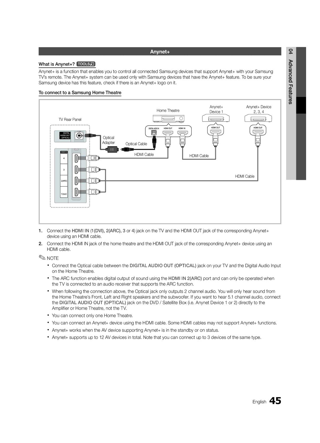 Samsung UE55C8700XSXXN, UE55C8790XSXZG What is Anynet+? t Advanced, Features, To connect to a Samsung Home Theatre 