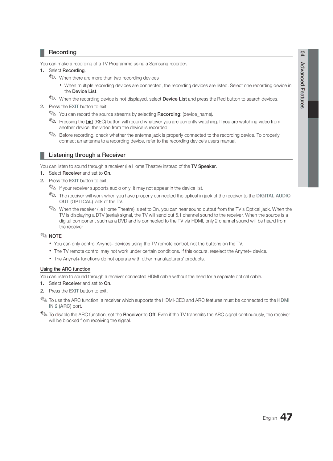 Samsung UE40C8000XPXZT, UE55C8700XSXXN, UE55C8790XSXZG, UE55C8000XPXZT manual Recording, Listening through a Receiver 