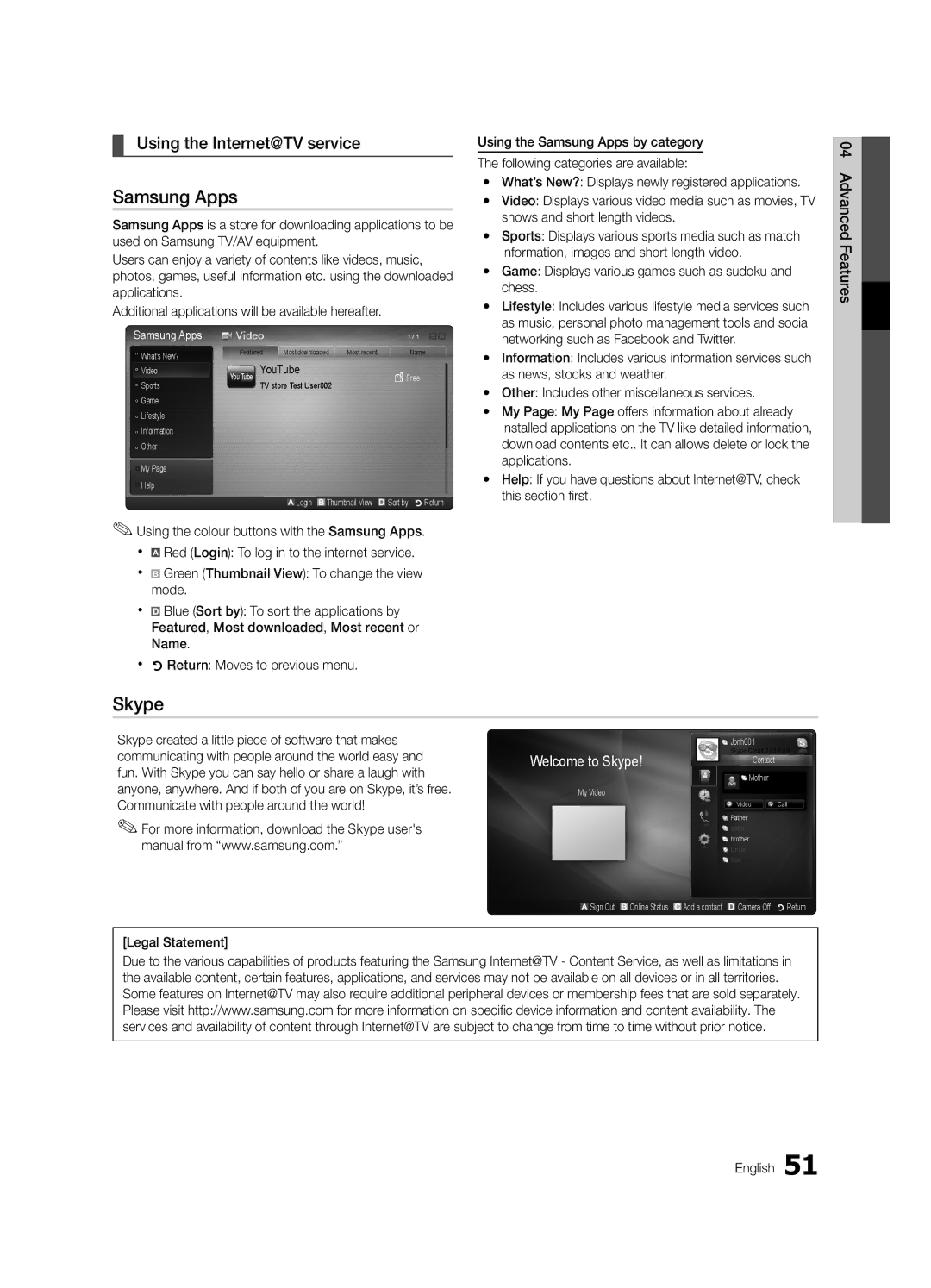 Samsung UE55C8705XSXXE, UE55C8700XSXXN manual Samsung Apps, Skype, Using the Internet@TV service, Legal Statement English 