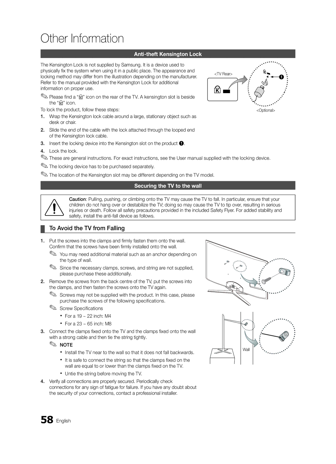 Samsung UE46C8000XPXZT To Avoid the TV from Falling, Anti-theft Kensington Lock, Securing the TV to the wall, TV Rear 