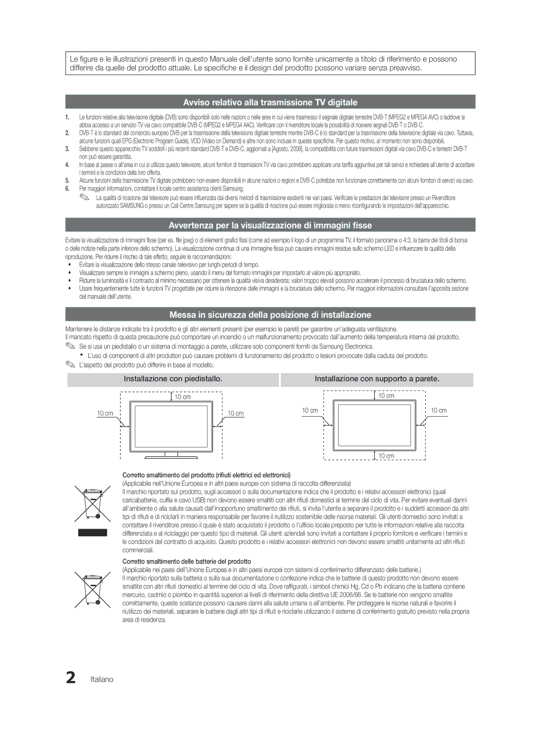 Samsung UE55C8000XPXZT, UE55C8700XSXXN manual Installazione con piedistallo, Installazione con supporto a parete, Italiano 