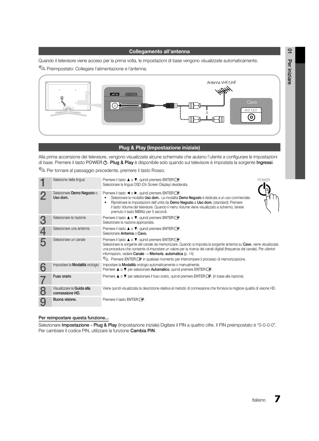 Samsung UE55C8700XSXZG, UE55C8700XSXXN, UE55C8790XSXZG manual Collegamento all’antenna, Plug & Play Impostazione iniziale 